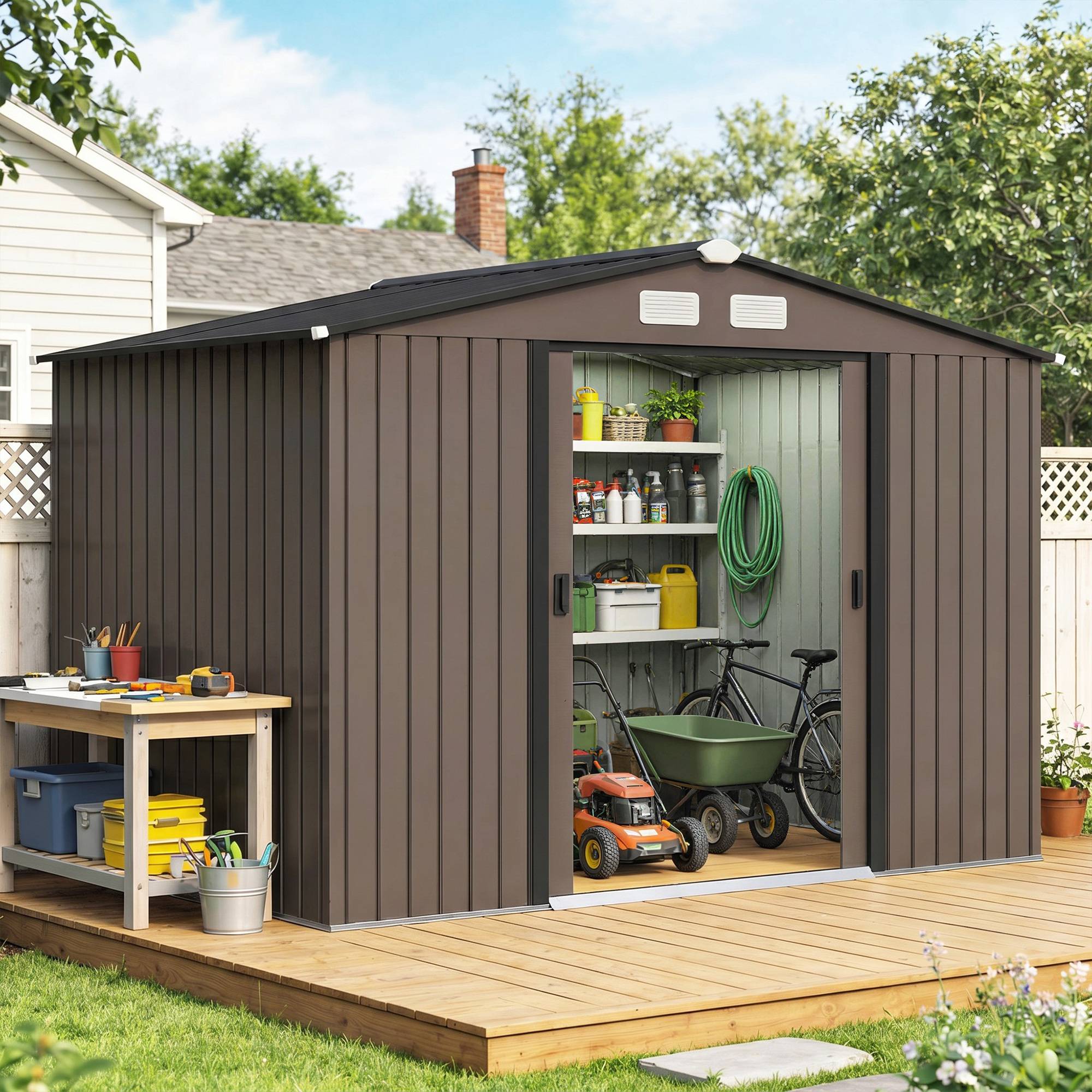 Abri de jardin acier galvanisé 5,4 m² 2,77x1,95x1,92 m fondation porte coulissante marron - Image 4