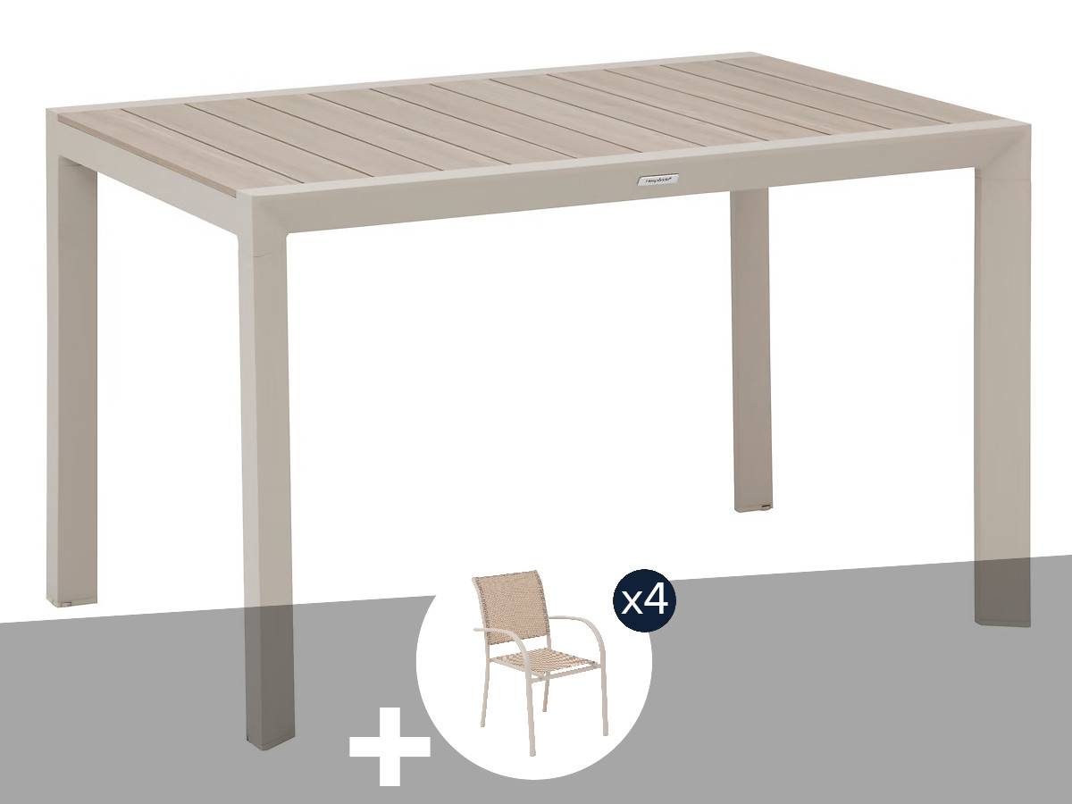 Hesperide - Table de jardin rectangulaire alu Evasion 4 places effet bois Lin et argile + 4 fauteuils Piazza - Hespéride - Image 1