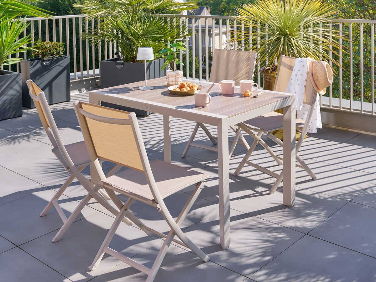 Hesperide - Table de jardin rectangulaire alu Evasion 4 places effet bois Lin et argile + 4 fauteuils Piazza - Hespéride - Image 2