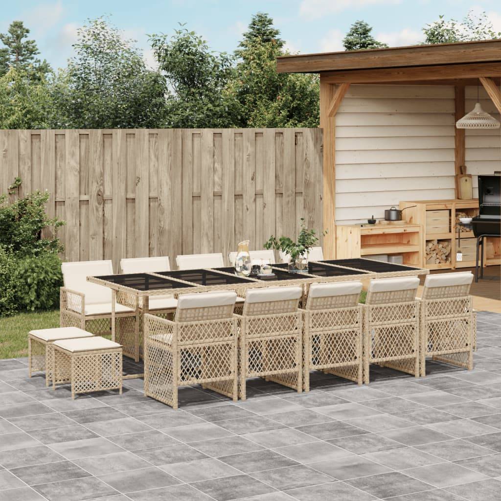 Salon de Jardin XXL 14 Places Encastrable, Grande Table Verre, Résine Tressée Beige et Tabourets – ComfortXL Outdoor Living - Image 1