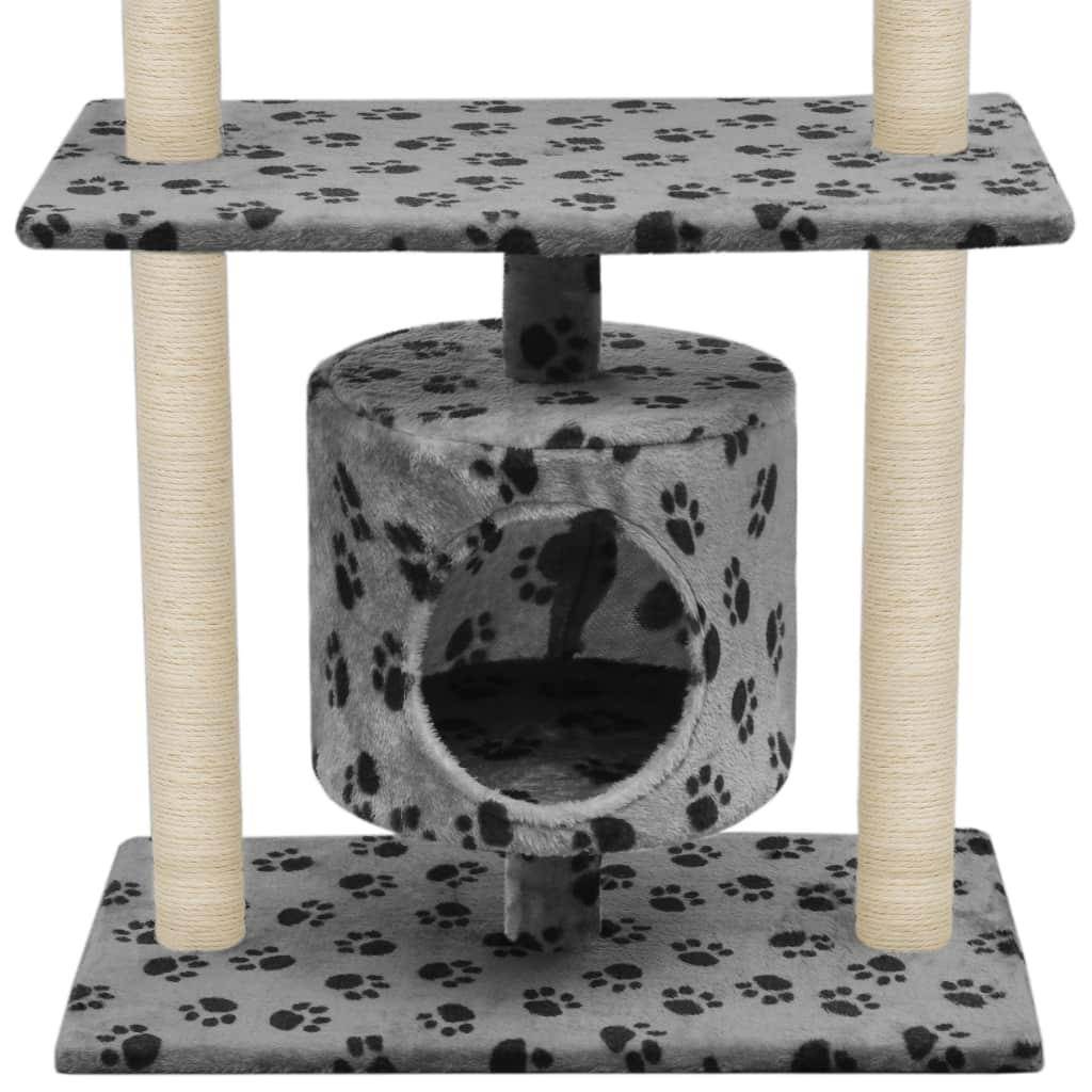 Helloshop26 - Arbre à chat griffoir grattoir niche jouet animaux peluché en sisal 95 cm gris motif de pattes - Imagen 4