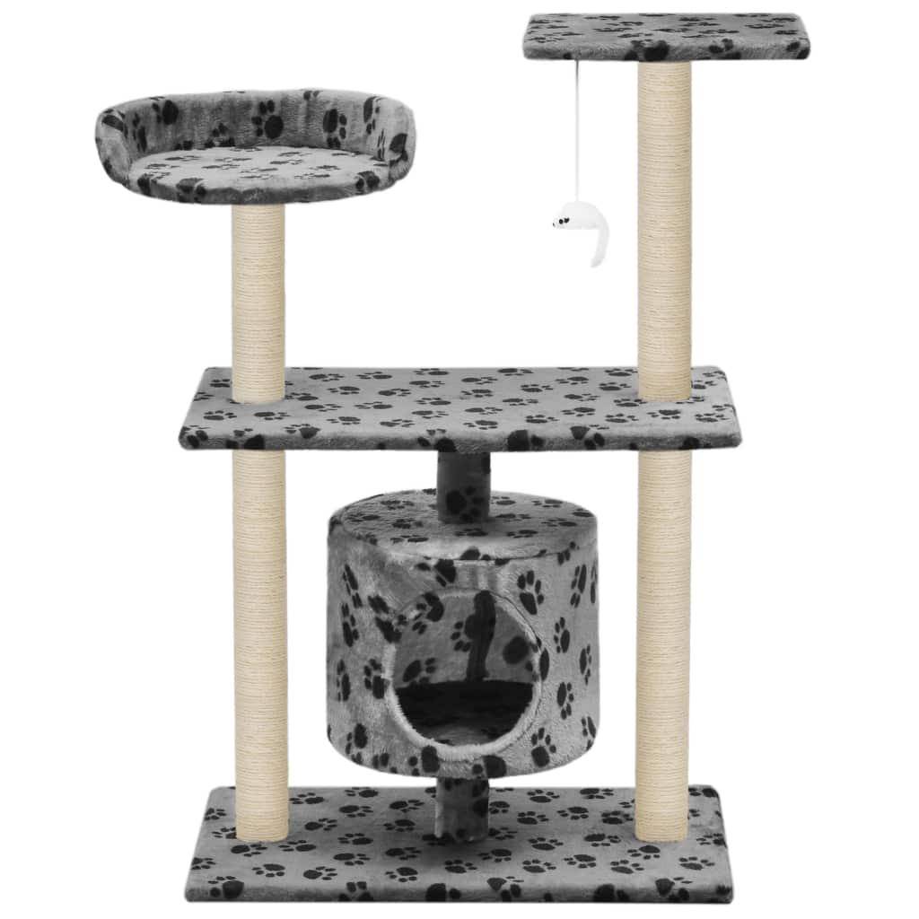 Helloshop26 - Arbre à chat griffoir grattoir niche jouet animaux peluché en sisal 95 cm gris motif de pattes - Imagen 3