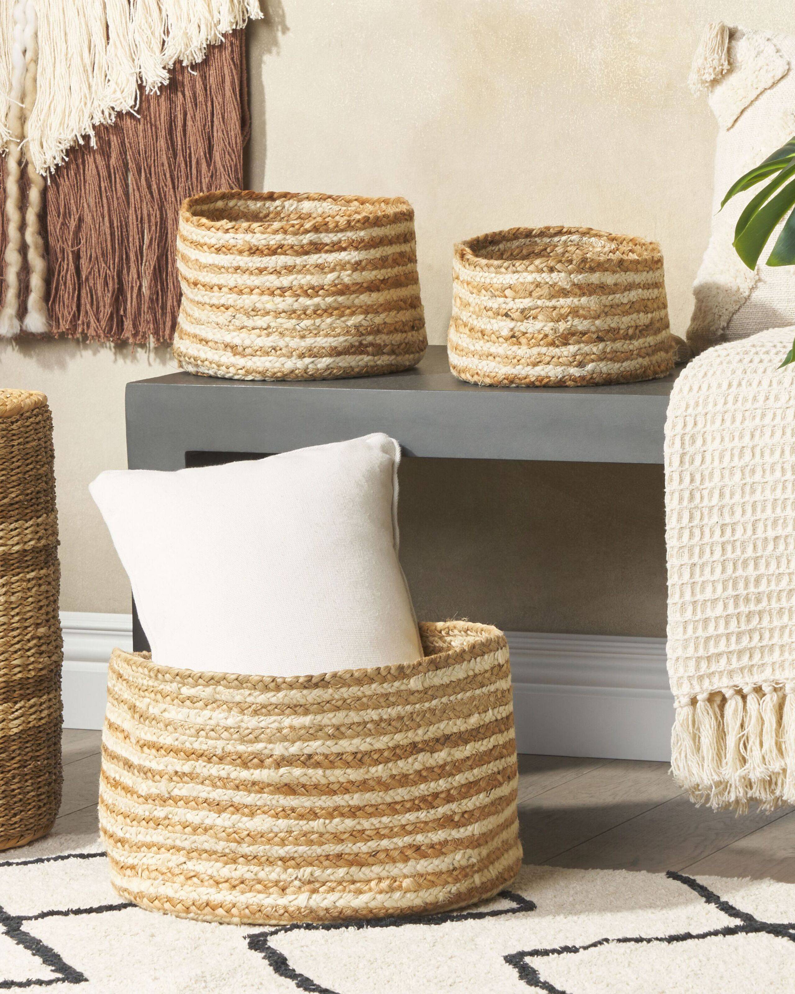 Beliani - Lot de 3 Paniers de Rangement en Jute Naturelle Beige 13/14/20 cm de Hauteur Accessoire Linge Décoration Boho - Imagen 2