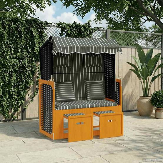 Chaise de plage Strandkorb Résine tressée bois Extérieur auvent Noir gris - ComfortXL Outdoor Living - Image 1