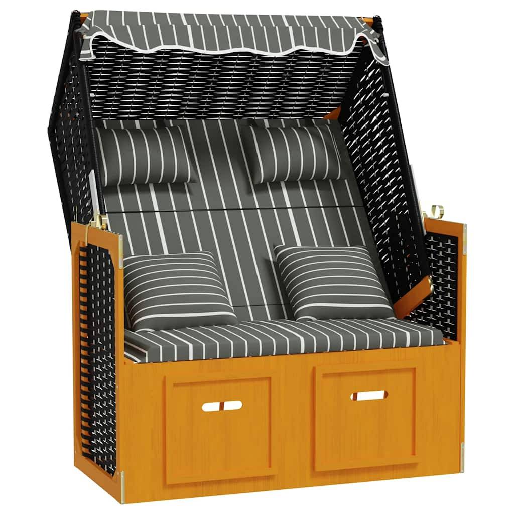 Chaise de plage Strandkorb Résine tressée bois Extérieur auvent Noir gris - ComfortXL Outdoor Living - Image 3