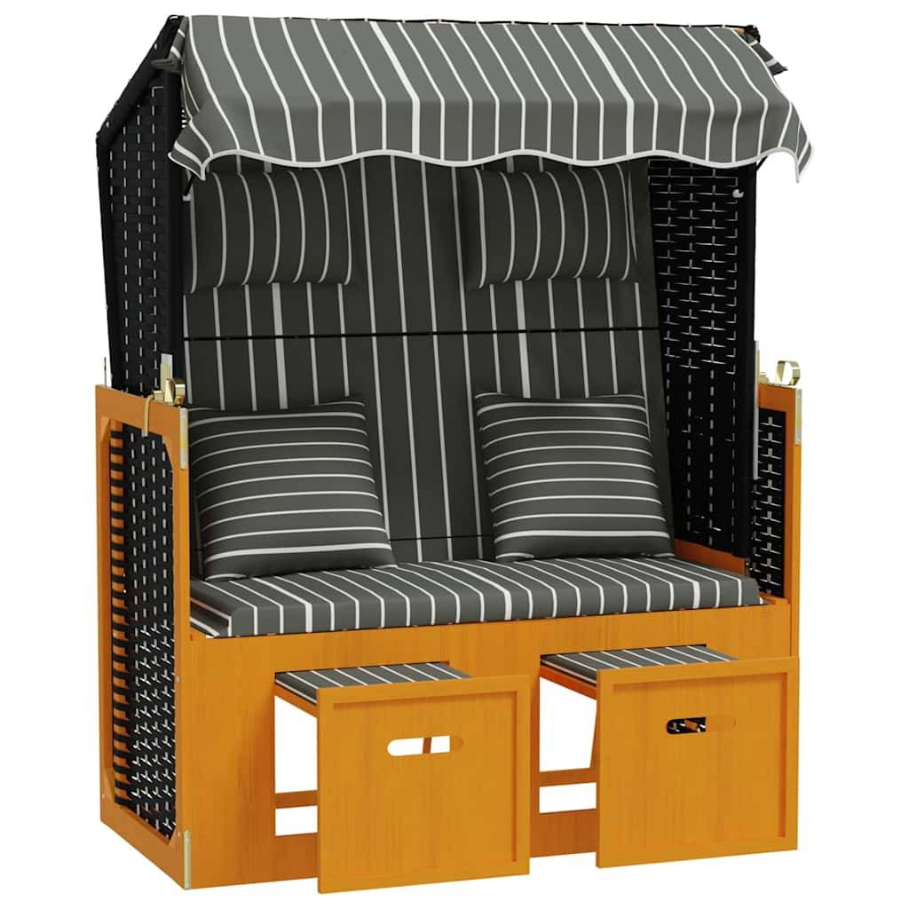 Chaise de plage Strandkorb Résine tressée bois Extérieur auvent Noir gris - ComfortXL Outdoor Living - Image 2