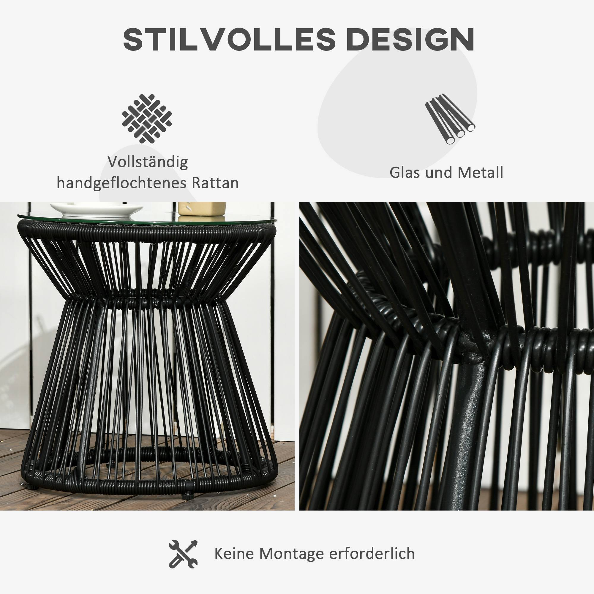 ComfortXL - Table d’appoint jardin résine tressée noire 40 x 40 x 42 cm plateau verre trempé style bohème extérieur - Image 5