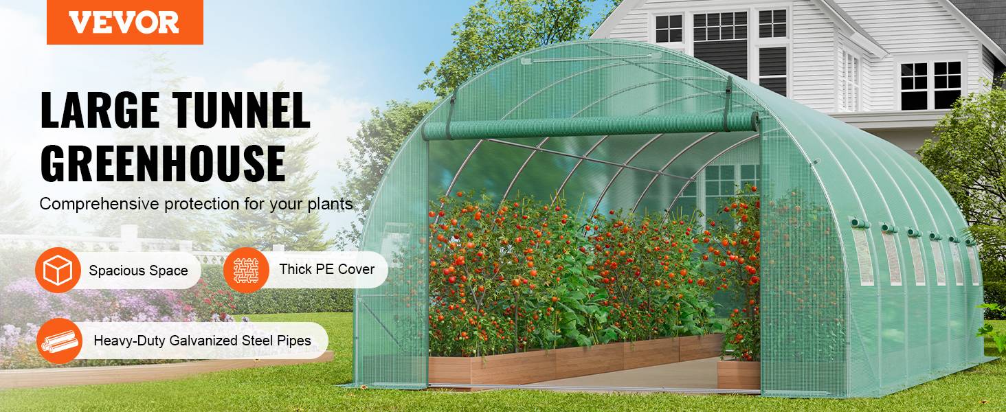 Vevor - VEVOR Serre tunnel 590x295x198 cm, cadre acier galvanisé, couverture PE 140 g/m² résistante UV, porte zippée enroulable, 12 fenêtres, pour extérieur. - Image 9