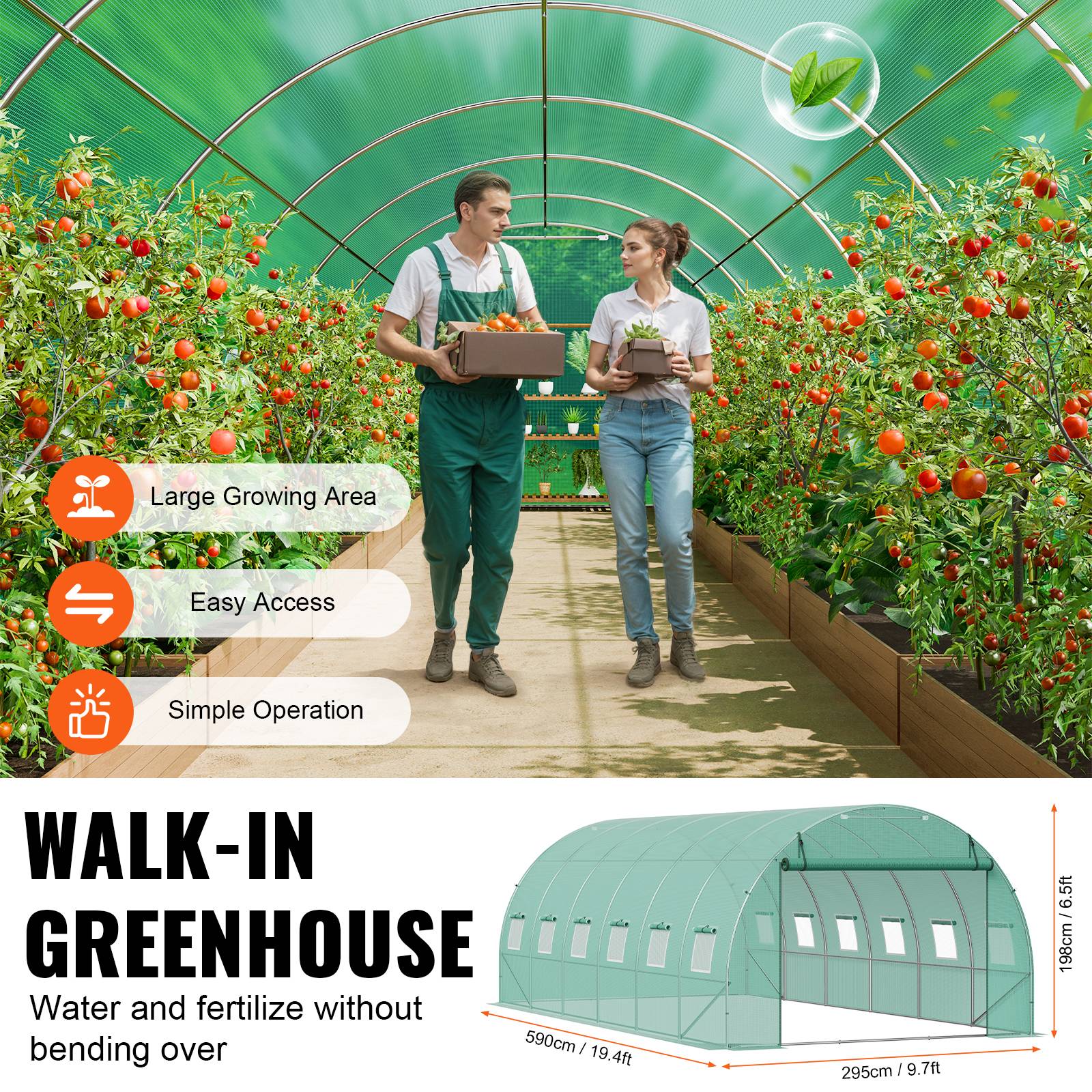 Vevor - VEVOR Serre tunnel 590x295x198 cm, cadre acier galvanisé, couverture PE 140 g/m² résistante UV, porte zippée enroulable, 12 fenêtres, pour extérieur. - Image 7
