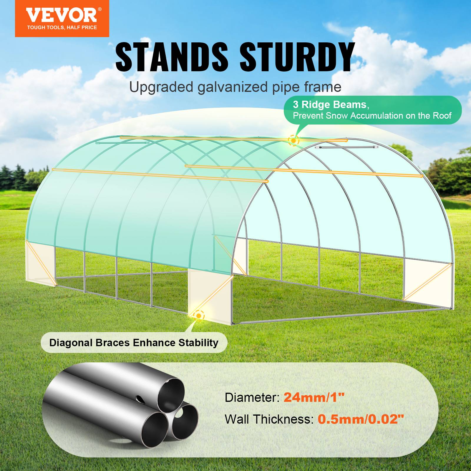 Vevor - VEVOR Serre tunnel 590x295x198 cm, cadre acier galvanisé, couverture PE 140 g/m² résistante UV, porte zippée enroulable, 12 fenêtres, pour extérieur. - Image 2