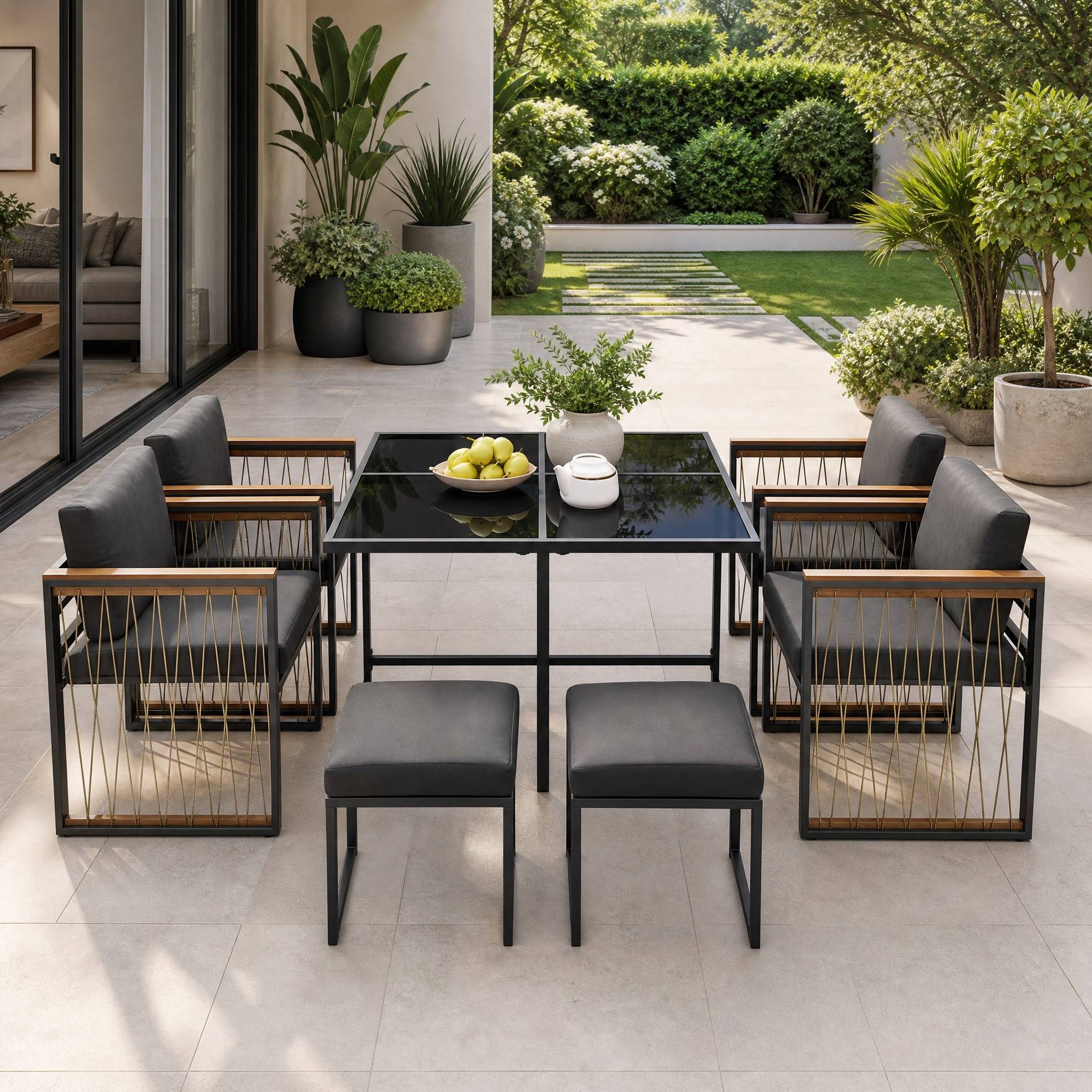 Salon de Jardin avec 4 Fauteuils 2 Repose-pieds et 1 Table 6 places Noir Naturel - Image 4