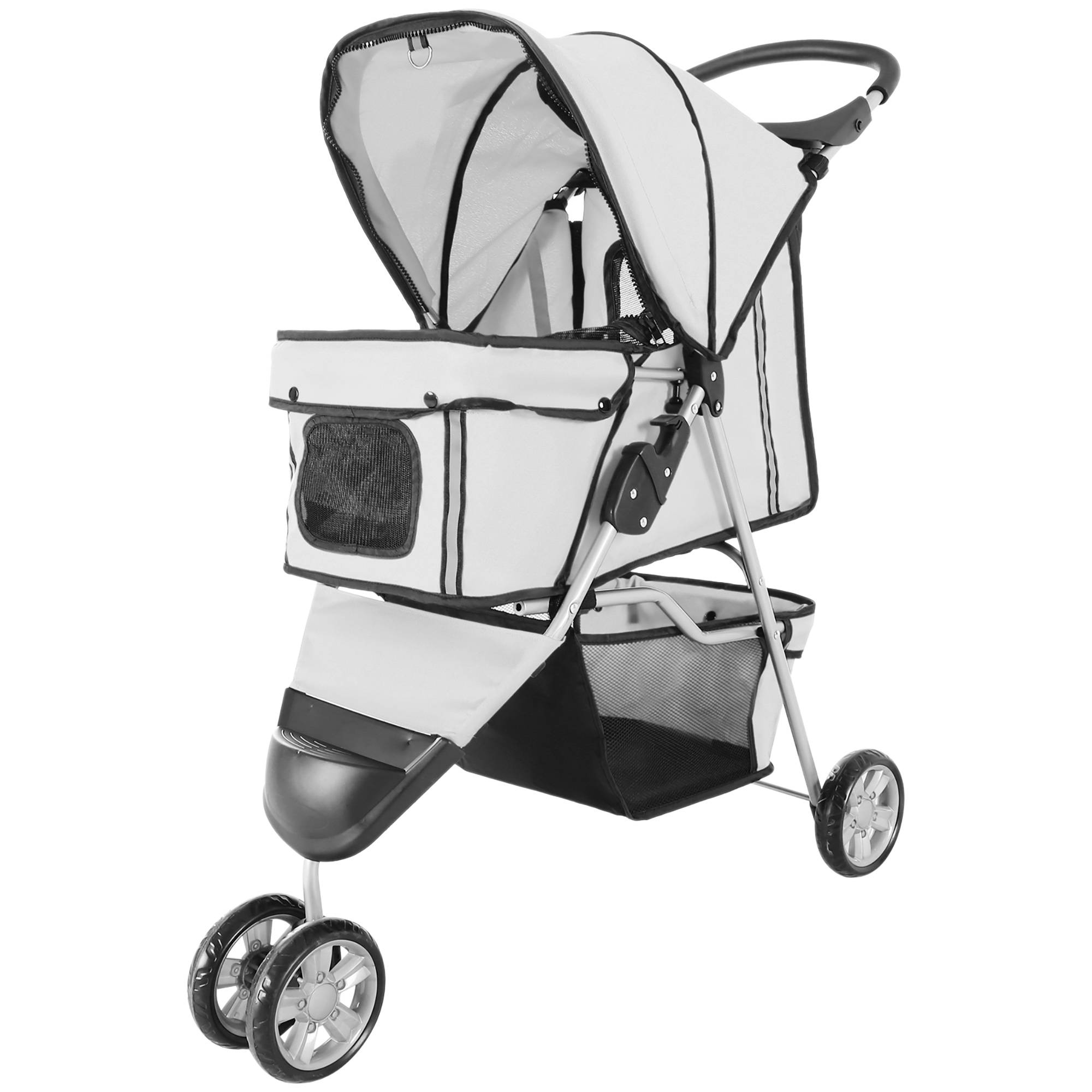 Poussette pour petit chien avec panier de rangement, fenêtres en filet et 2 roues universelles, 75 x 45 x 97 cm, grise - Image 2
