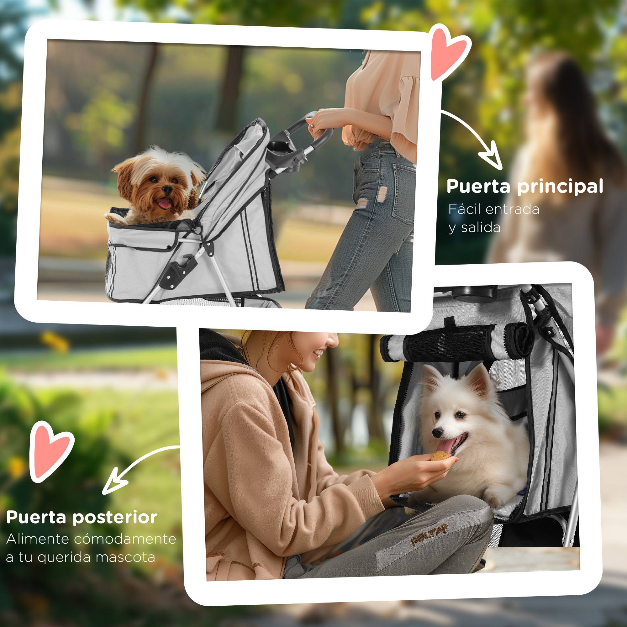 Poussette pour petit chien avec panier de rangement, fenêtres en filet et 2 roues universelles, 75 x 45 x 97 cm, grise - Image 9