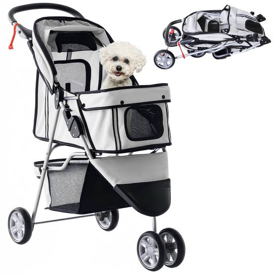 Poussette pour petit chien avec panier de rangement, fenêtres en filet et 2 roues universelles, 75 x 45 x 97 cm, grise - Image 1