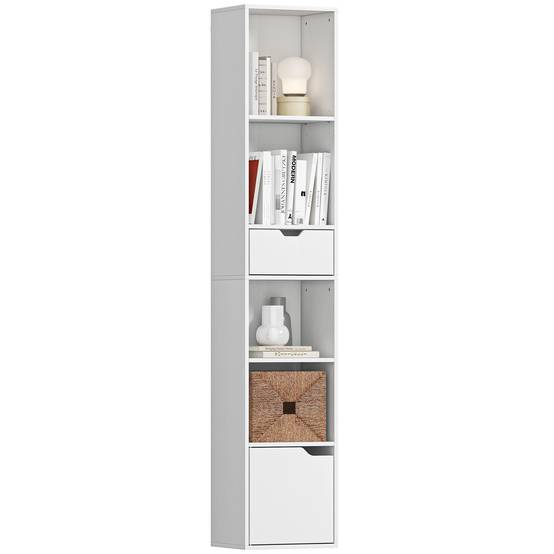 Bibliothèque à 6 étagères, réglable sur 3 niveaux, avec tiroir, porte d'armoire, étagère personnalisable, étagère d'exposition, blanche - Image 1