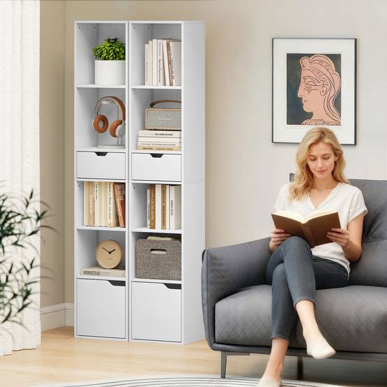 Bibliothèque à 6 étagères, réglable sur 3 niveaux, avec tiroir, porte d'armoire, étagère personnalisable, étagère d'exposition, blanche - Image 9