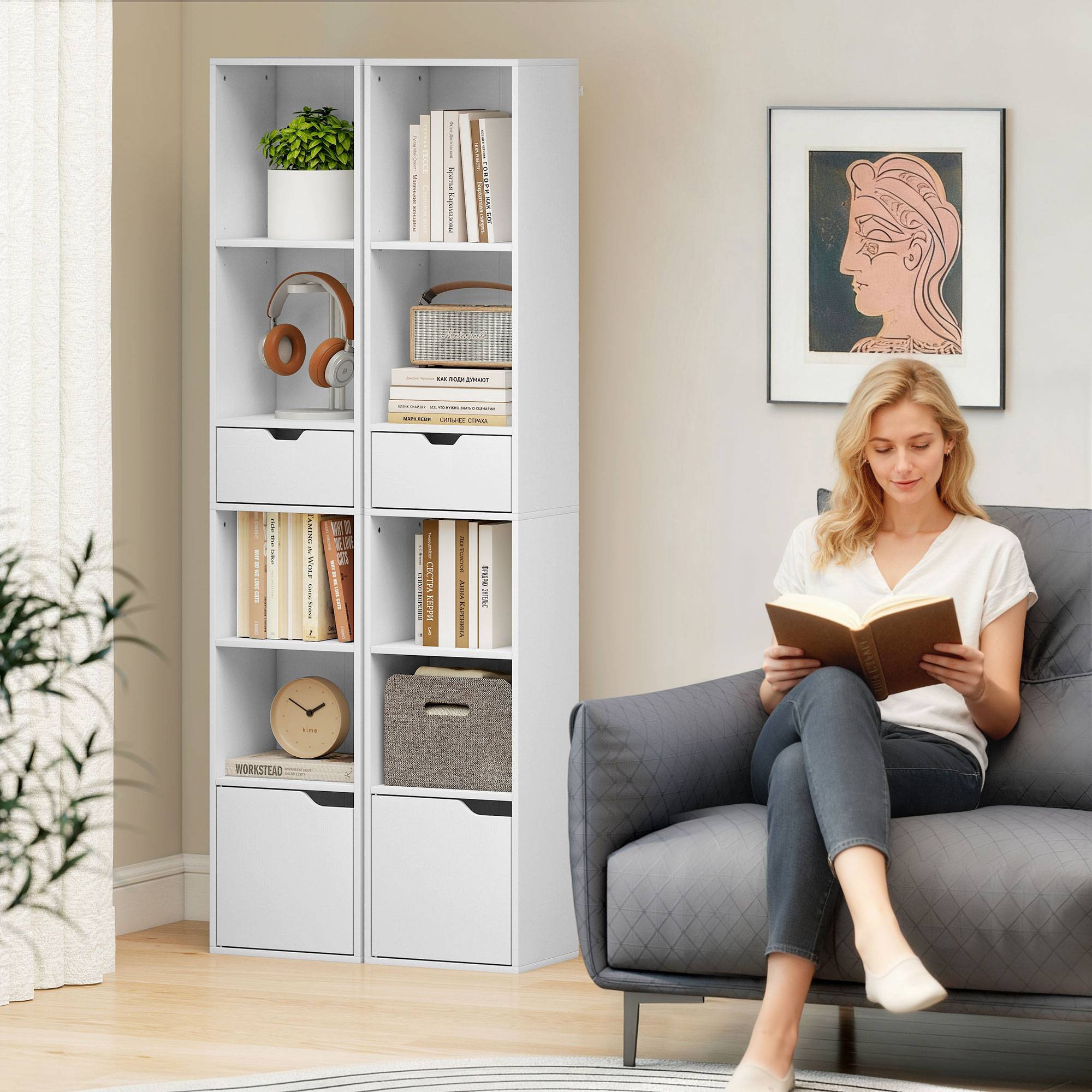 Bibliothèque à 6 étagères, réglable sur 3 niveaux, avec tiroir, porte d'armoire, étagère personnalisable, étagère d'exposition, blanche - Image 9