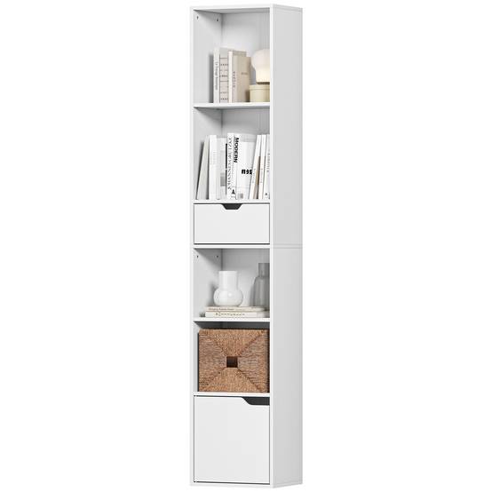 Bibliothèque à 6 étagères, réglable sur 3 niveaux, avec tiroir, porte d'armoire, étagère personnalisable, étagère d'exposition, blanche - Image 2