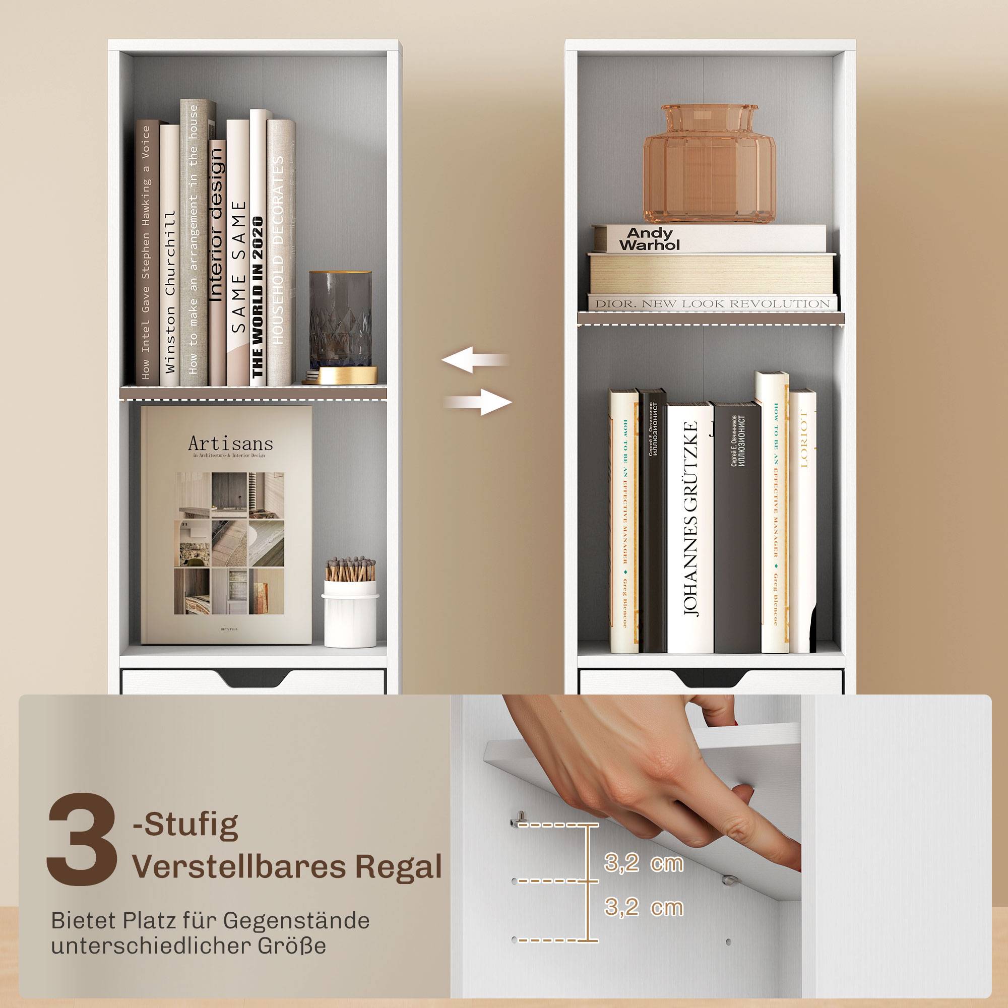 Bibliothèque à 6 étagères, réglable sur 3 niveaux, avec tiroir, porte d'armoire, étagère personnalisable, étagère d'exposition, blanche - Image 7