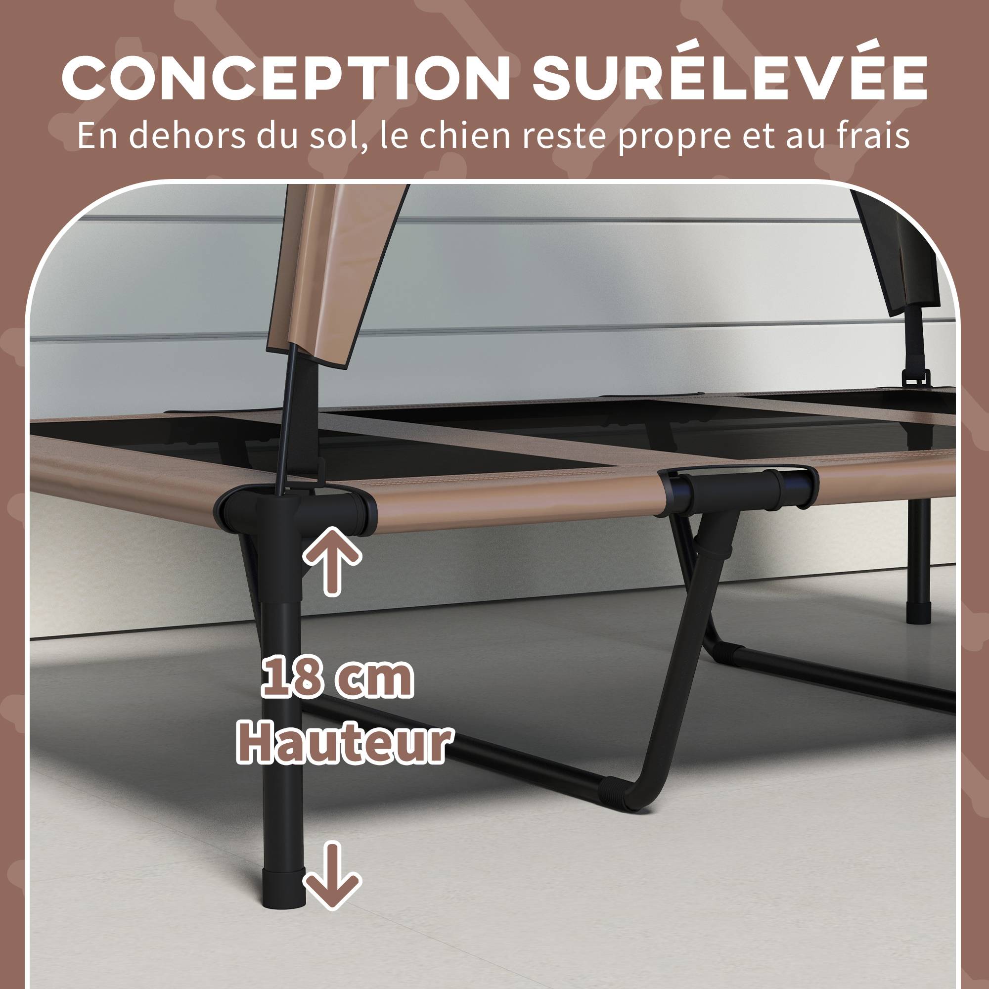 Lit surélevé chien acier oxford respirant animaux extérieur auvent anti-UV 106x76cm café - ComfortXL Outdoor Living - Image 9
