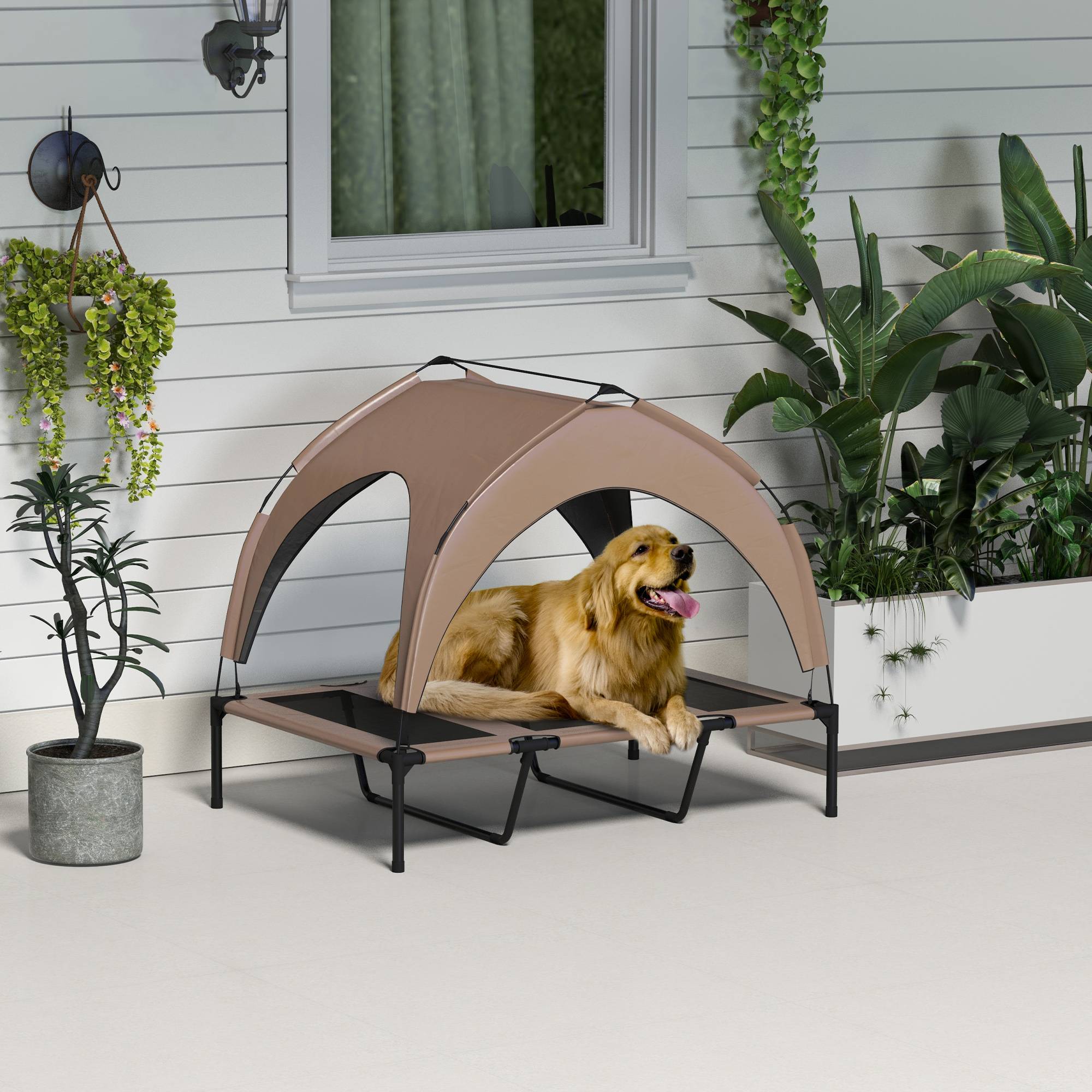Lit surélevé chien acier oxford respirant animaux extérieur auvent anti-UV 106x76cm café - ComfortXL Outdoor Living - Image 4