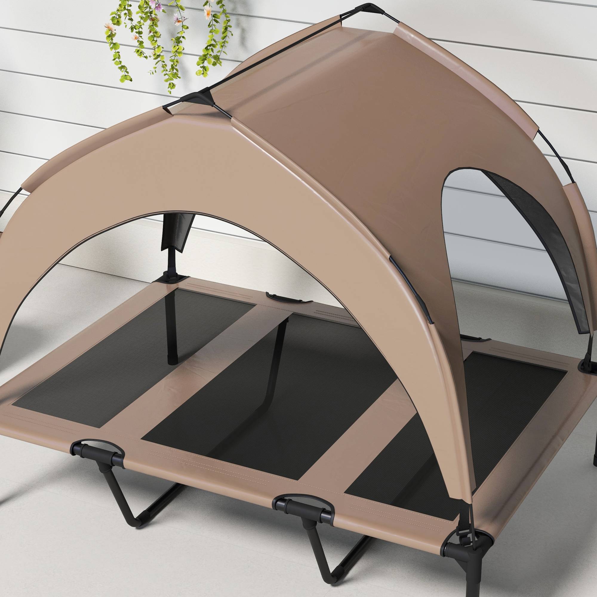 Lit surélevé chien acier oxford respirant animaux extérieur auvent anti-UV 106x76cm café - ComfortXL Outdoor Living - Image 10