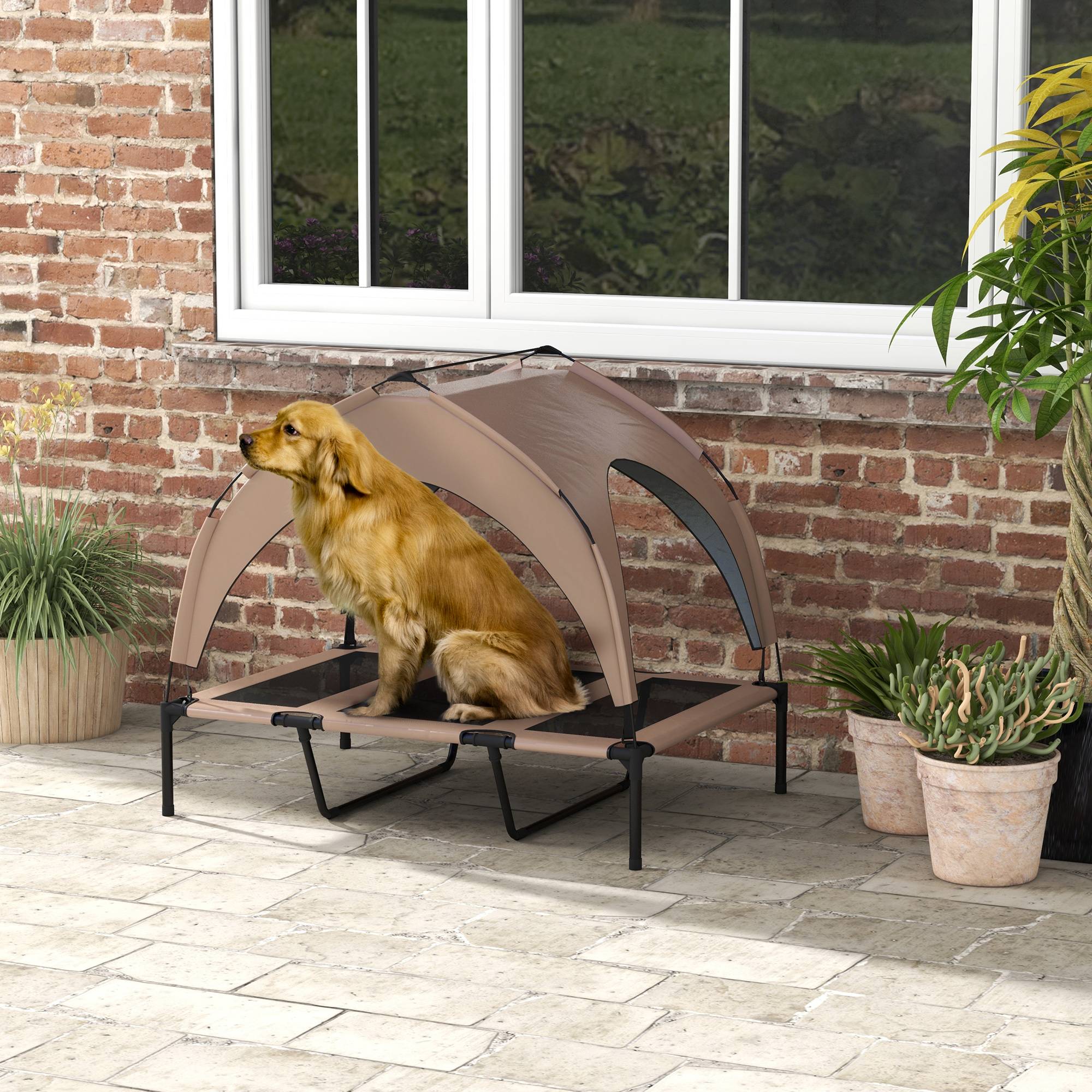 Lit surélevé chien acier oxford respirant animaux extérieur auvent anti-UV 106x76cm café - ComfortXL Outdoor Living - Image 3