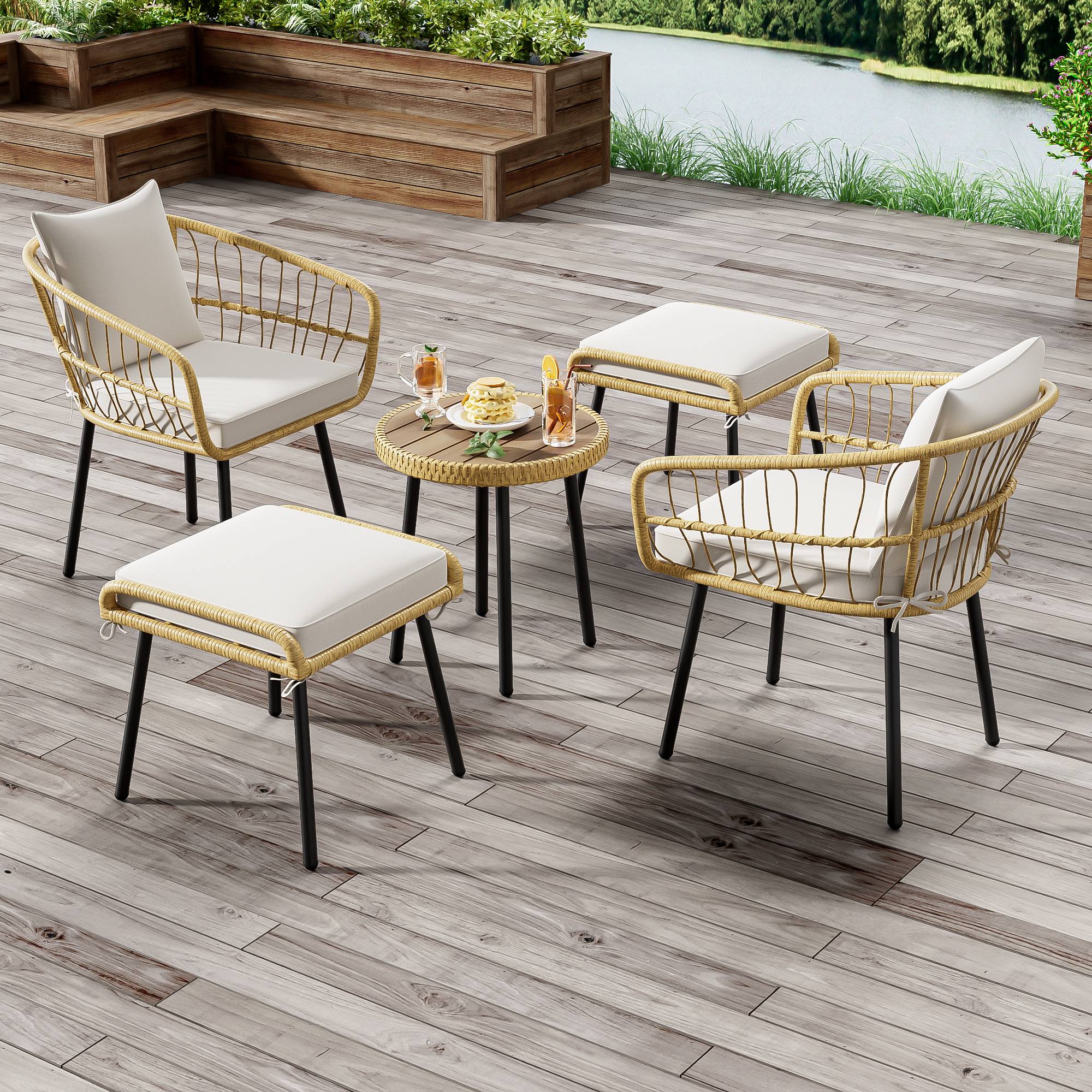 PANGIVO - Set mobilier jardin 5 pièces - Rattan, Acier, Blanc & Naturel - PANGIVO - Image 9