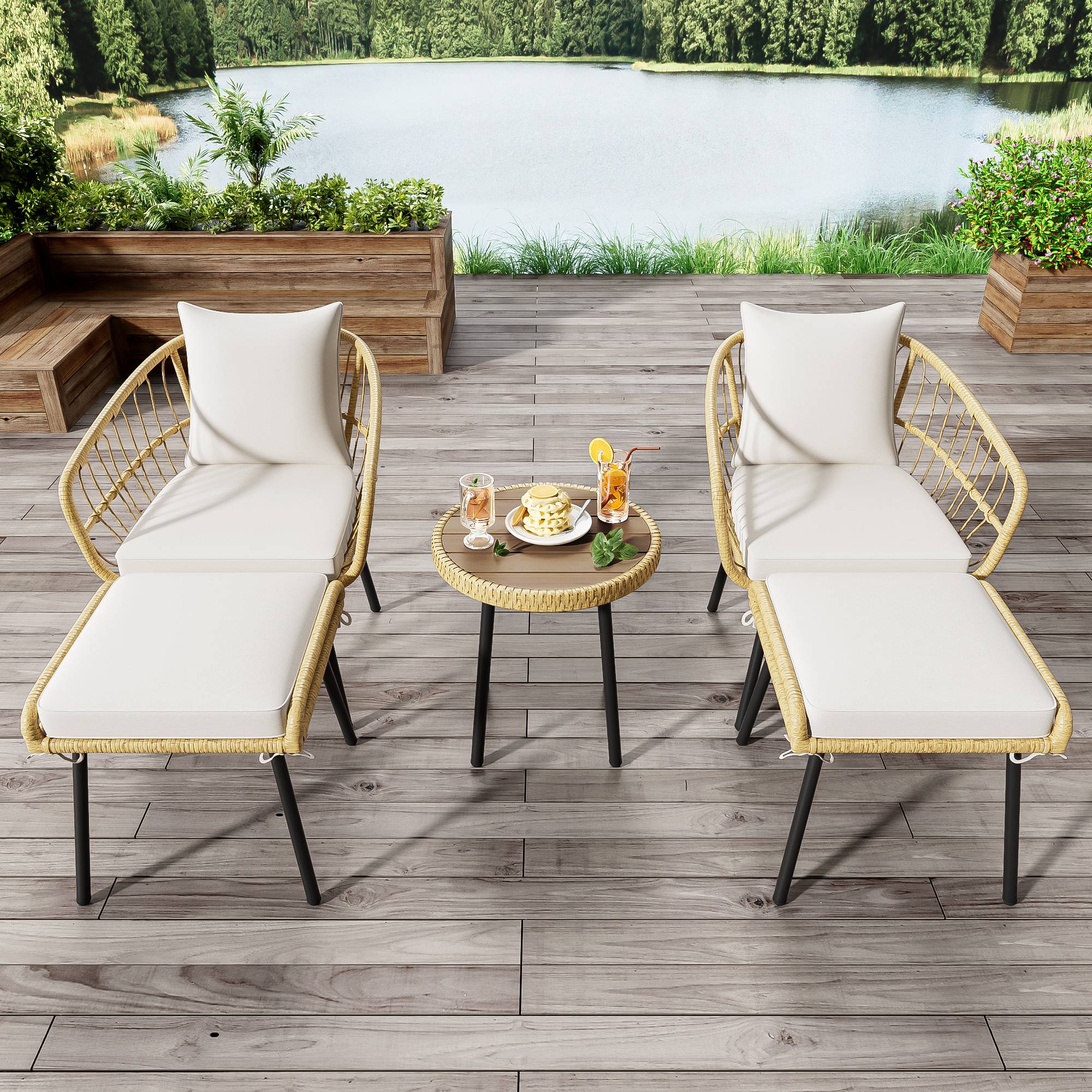 PANGIVO - Set mobilier jardin 5 pièces - Rattan, Acier, Blanc & Naturel - PANGIVO - Image 5