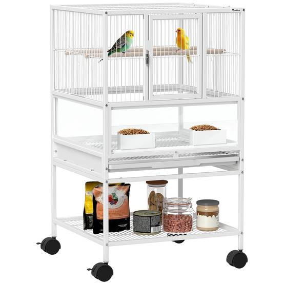 ComfortXL - Cage Oiseaux Design Panneaux Acryliques sur Roulettes pour Canaris et Perruches 83 cm Blanc - ComfortXL Outdoor Living - Image 1