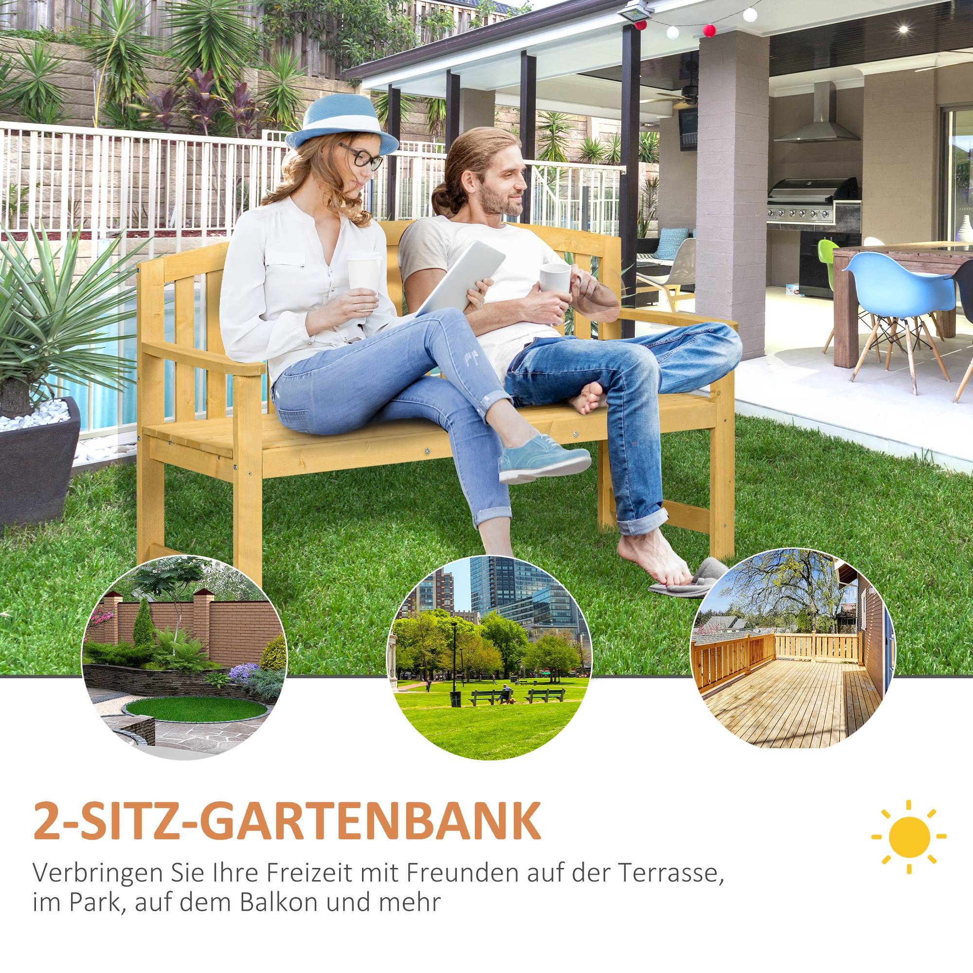 Banc de jardin 2 places en bois, résistant aux intempéries, avec dossier, charge maximale 240 kg, 140 x 50 x 85 cm, orange - Image 6