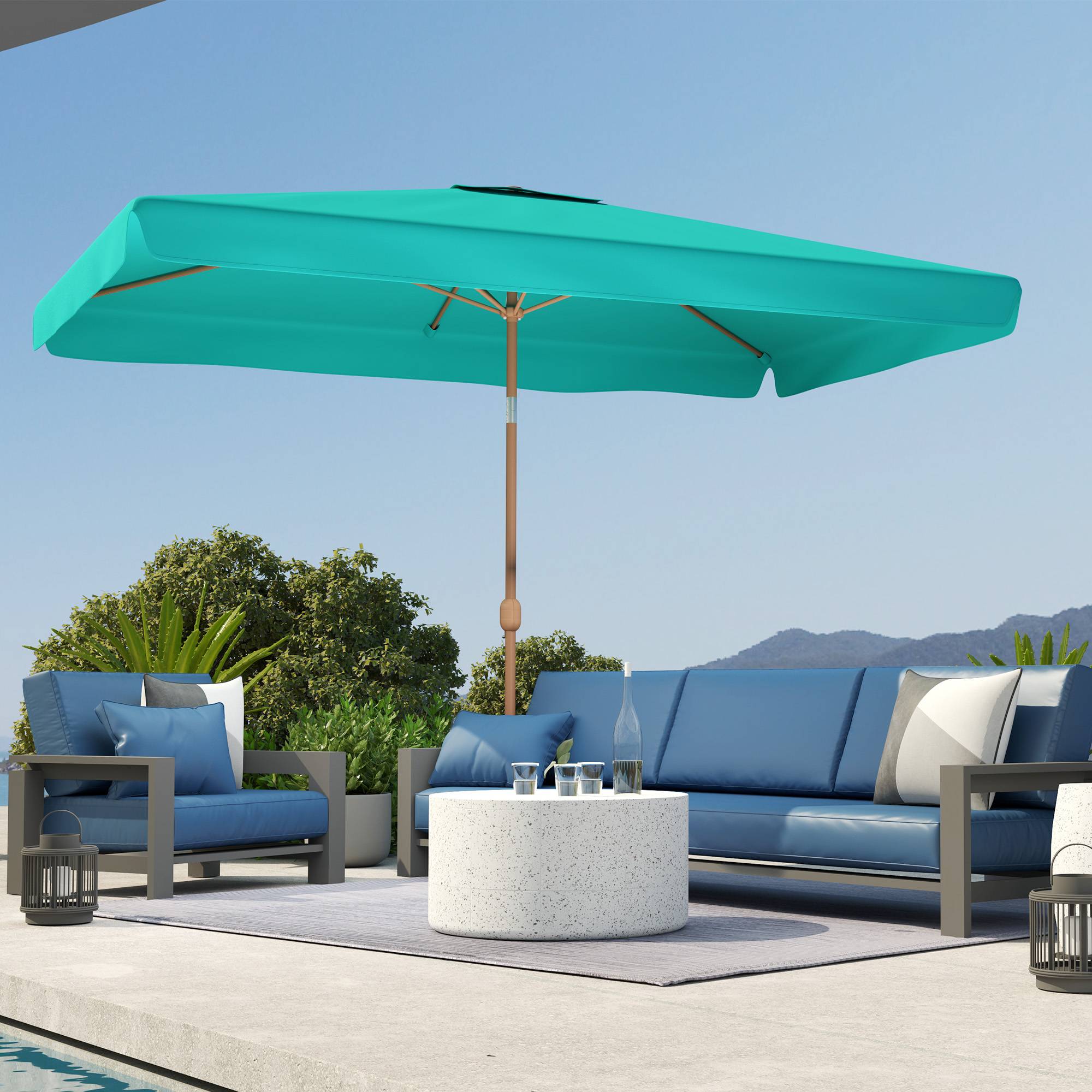 ComfortXL - Parasol rectangulaire aluminium polyester balcon inclinable effet bois manivelle 2x3m turquoise - ComfortXL Outdoor Living - Image 10