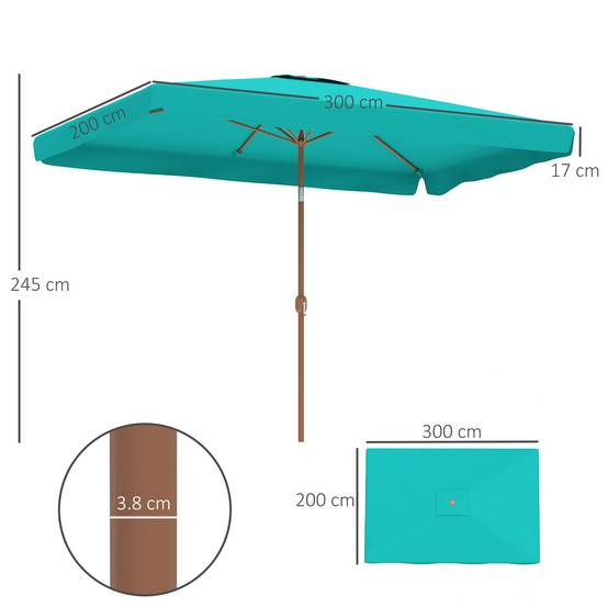 ComfortXL - Parasol rectangulaire aluminium polyester balcon inclinable effet bois manivelle 2x3m turquoise - ComfortXL Outdoor Living - Image 5