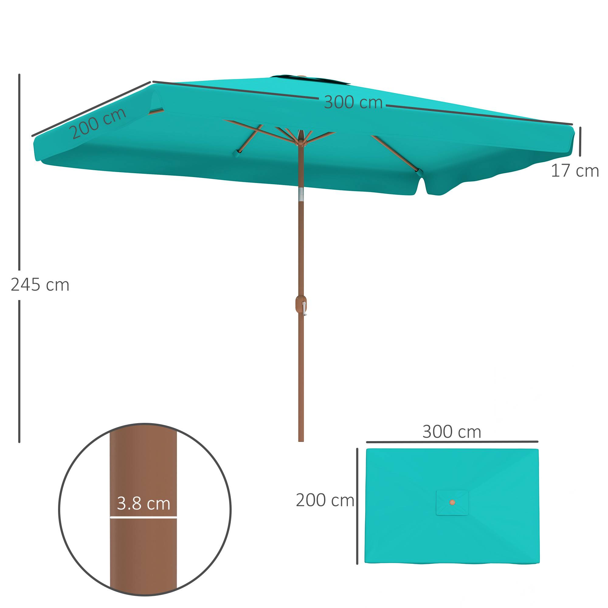ComfortXL - Parasol rectangulaire aluminium polyester balcon inclinable effet bois manivelle 2x3m turquoise - ComfortXL Outdoor Living - Image 5