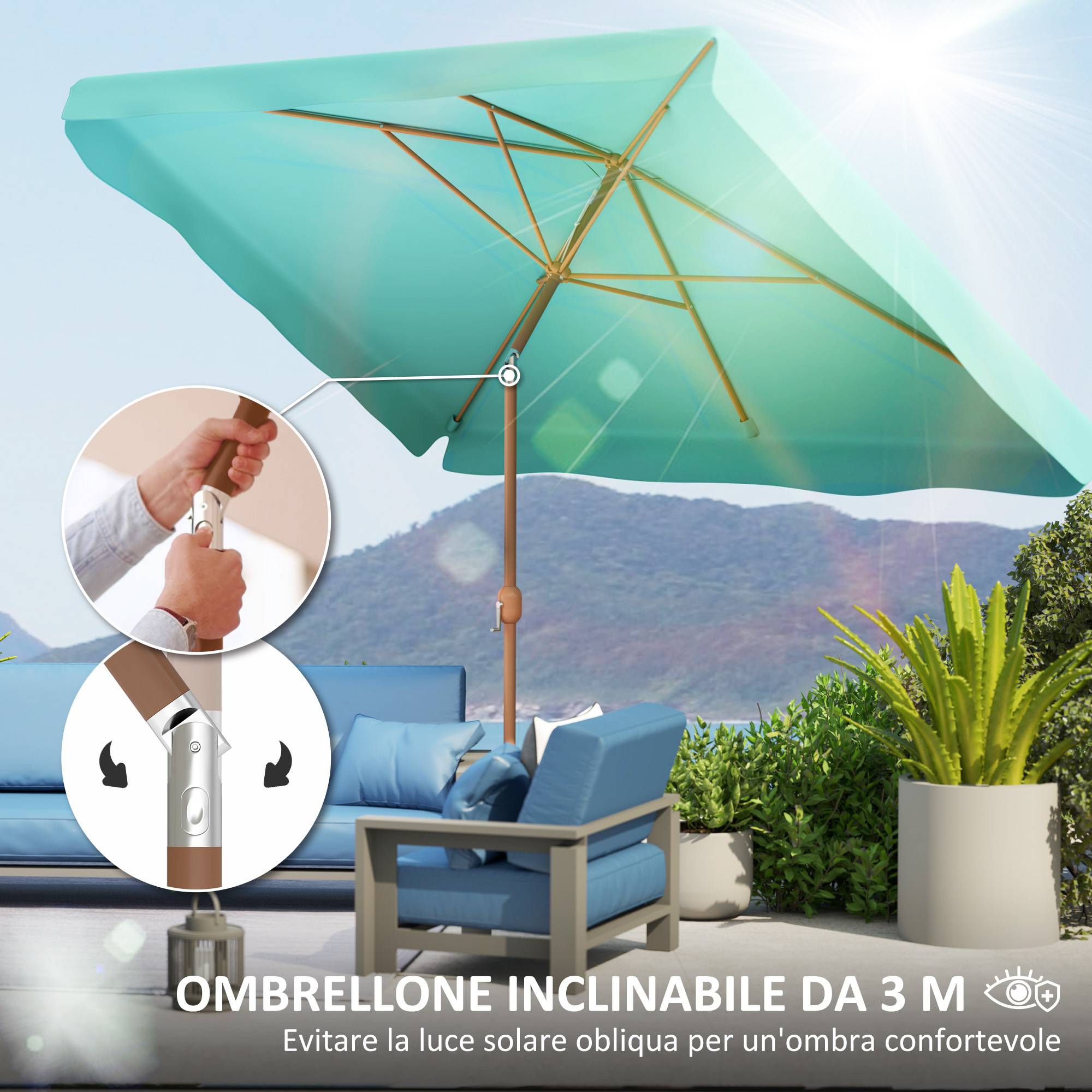 ComfortXL - Parasol rectangulaire aluminium polyester balcon inclinable effet bois manivelle 2x3m turquoise - ComfortXL Outdoor Living - Image 6