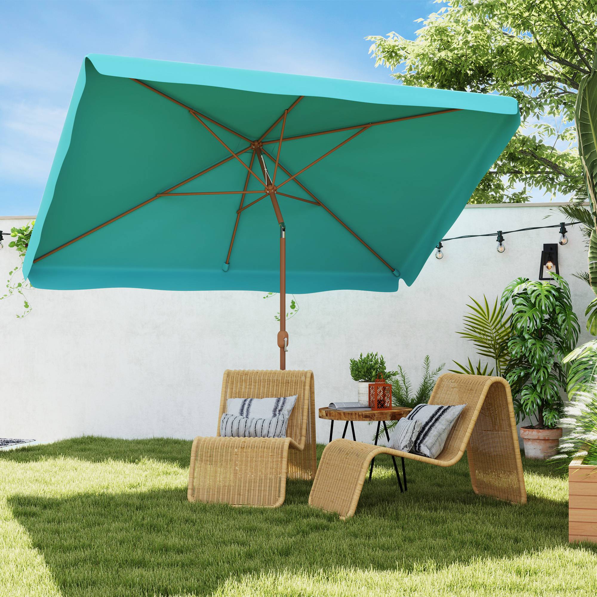 ComfortXL - Parasol rectangulaire aluminium polyester balcon inclinable effet bois manivelle 2x3m turquoise - ComfortXL Outdoor Living - Image 3