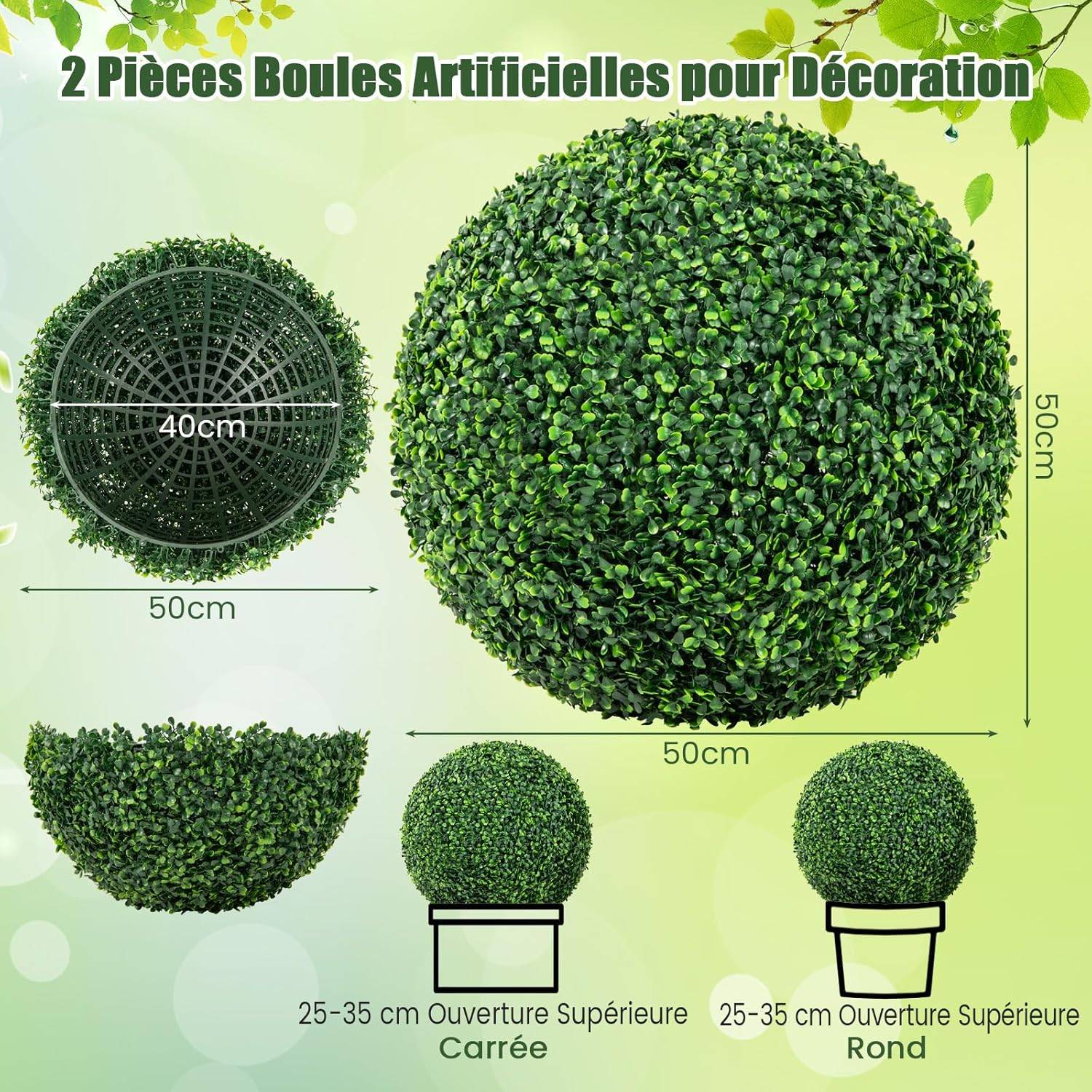 2 Boules de Buis Artificielles 50 cm Résistantes aux UV, Plantes en Boules de Faux Sphères Végétales, Vert Foncé - Image 5