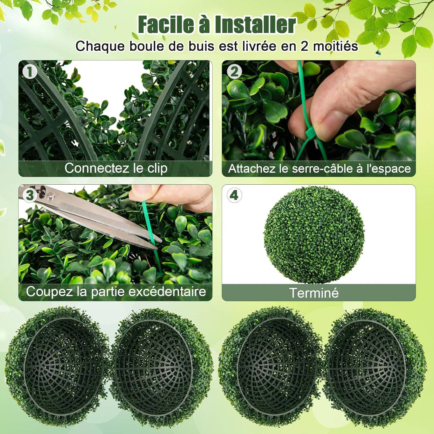 2 Boules de Buis Artificielles 50 cm Résistantes aux UV, Plantes en Boules de Faux Sphères Végétales, Vert Foncé - Image 3
