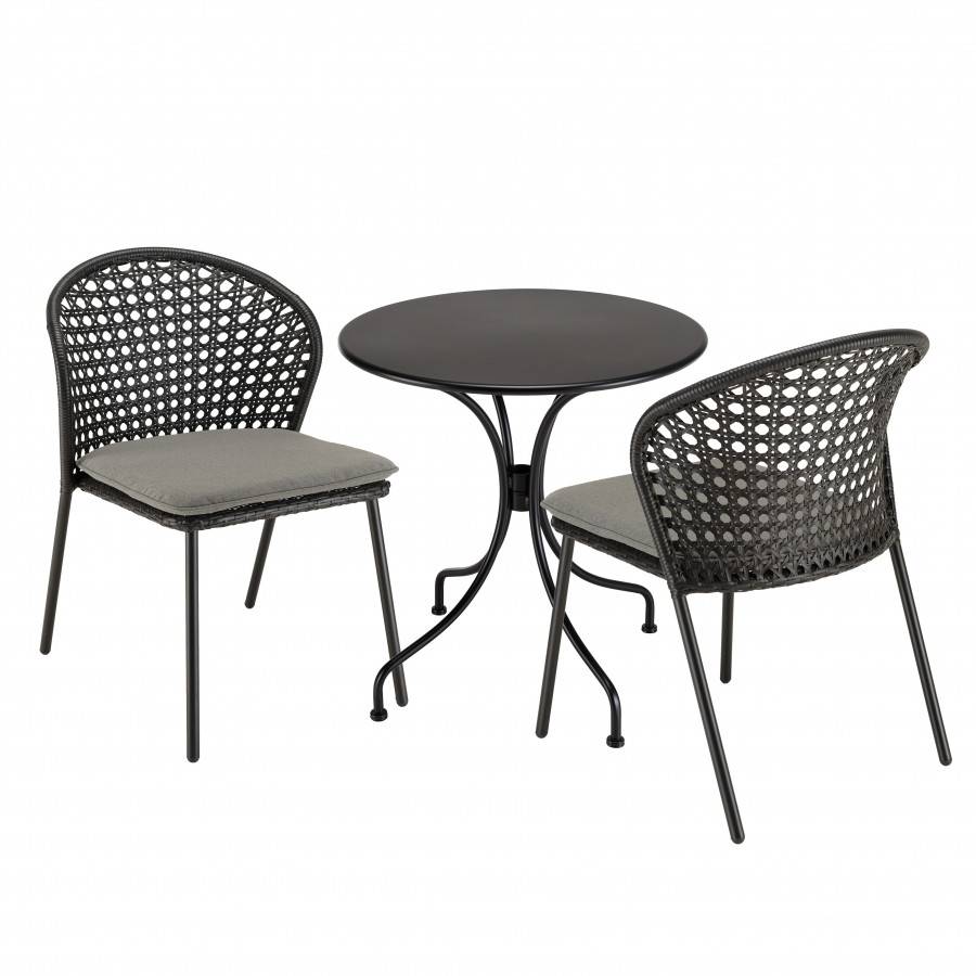 MALO - SALON DE JARDIN 2 PERS. - Table ronde 70x70cm et 2 chaises grises et noires en rotin synthétique - Image 1