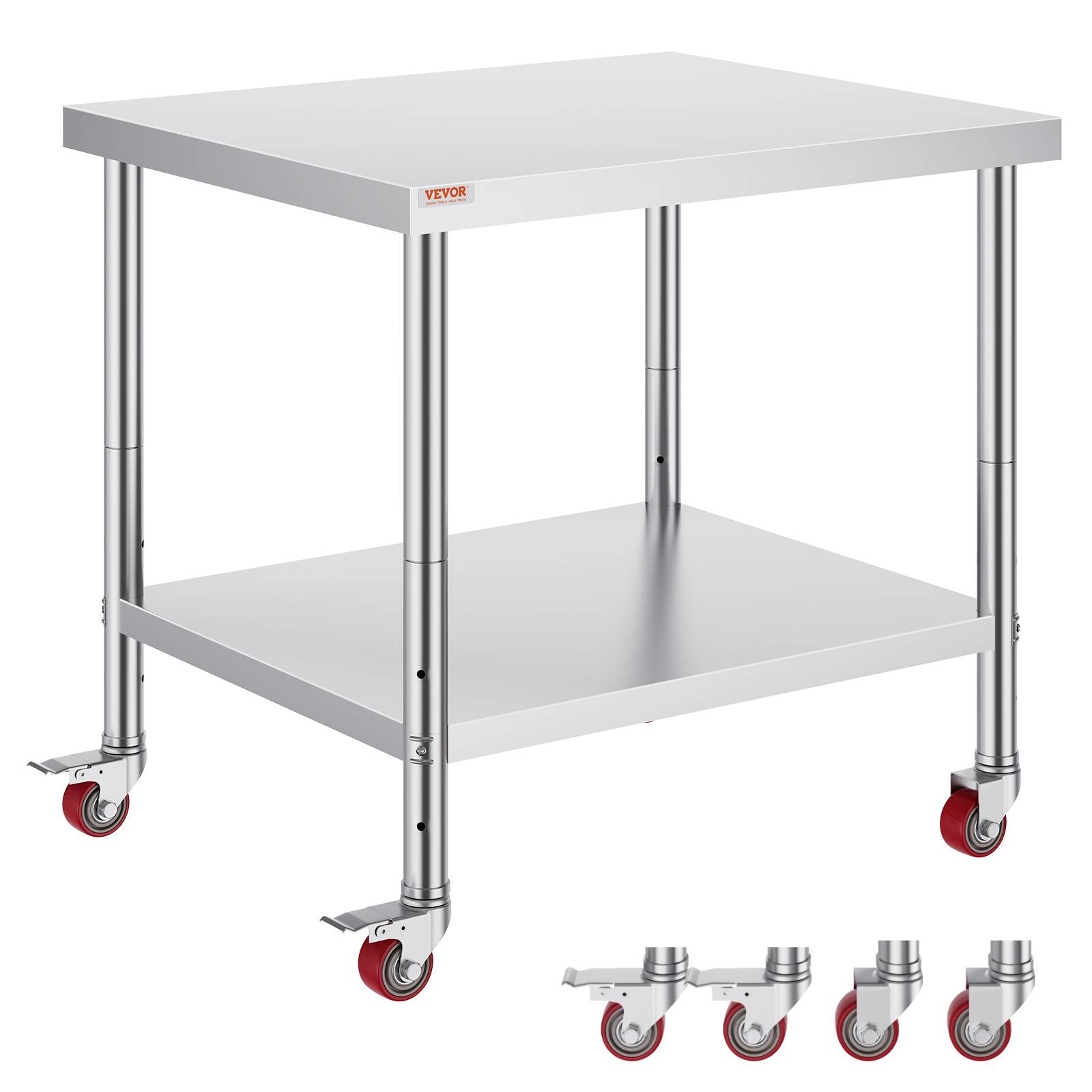 VEVOR Table travail inox 91x76x86cm, roulettes freins. Préparation aliments cafétérias, hôpitaux. - Image 1
