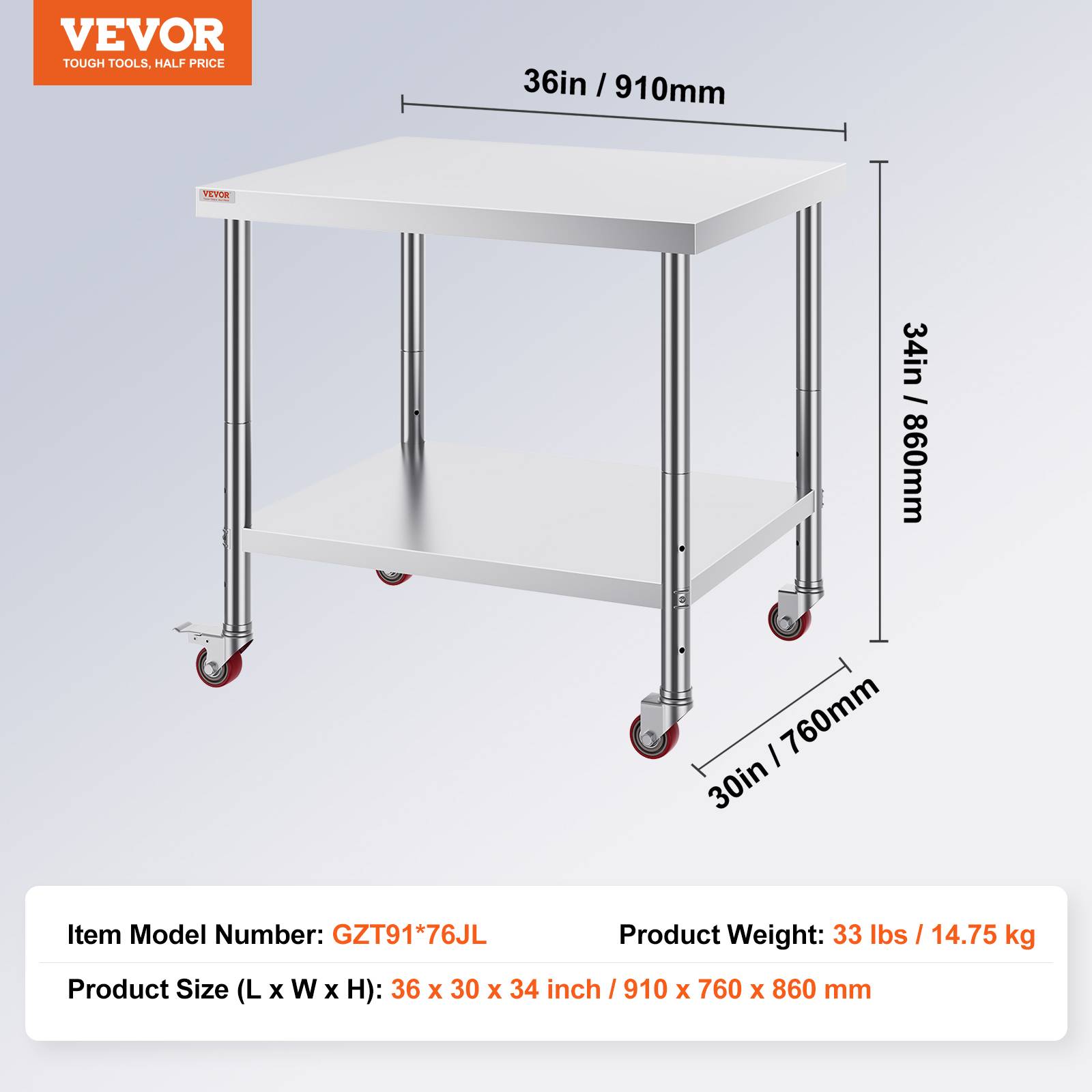 VEVOR Table travail inox 91x76x86cm, roulettes freins. Préparation aliments cafétérias, hôpitaux. - Image 7