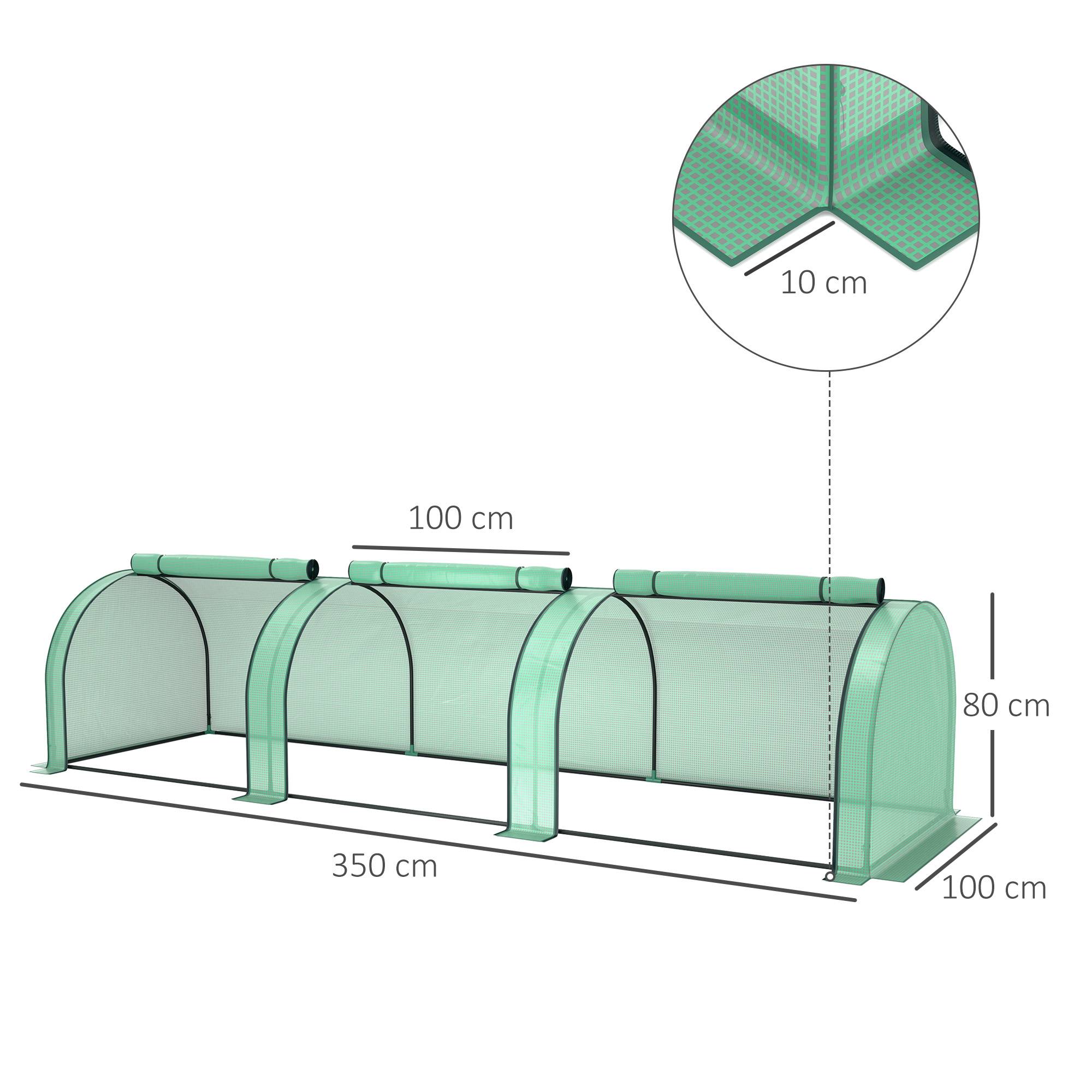 Mini serre tunnel jardin PE plantes tomates 3 portes zippées 350x100x80cm vert - ComfortXL Outdoor Living - Image 5