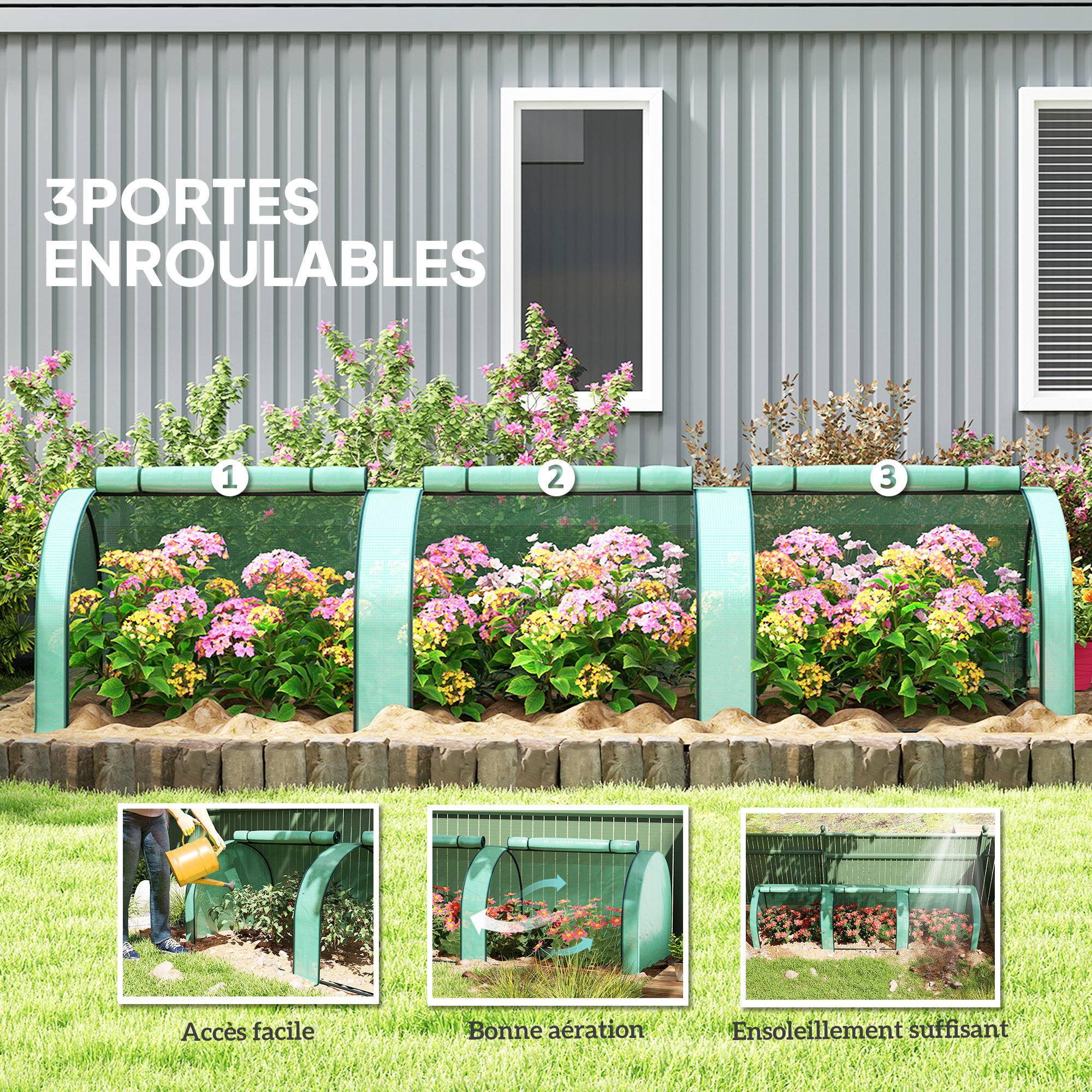 Mini serre tunnel jardin PE plantes tomates 3 portes zippées 350x100x80cm vert - ComfortXL Outdoor Living - Image 8