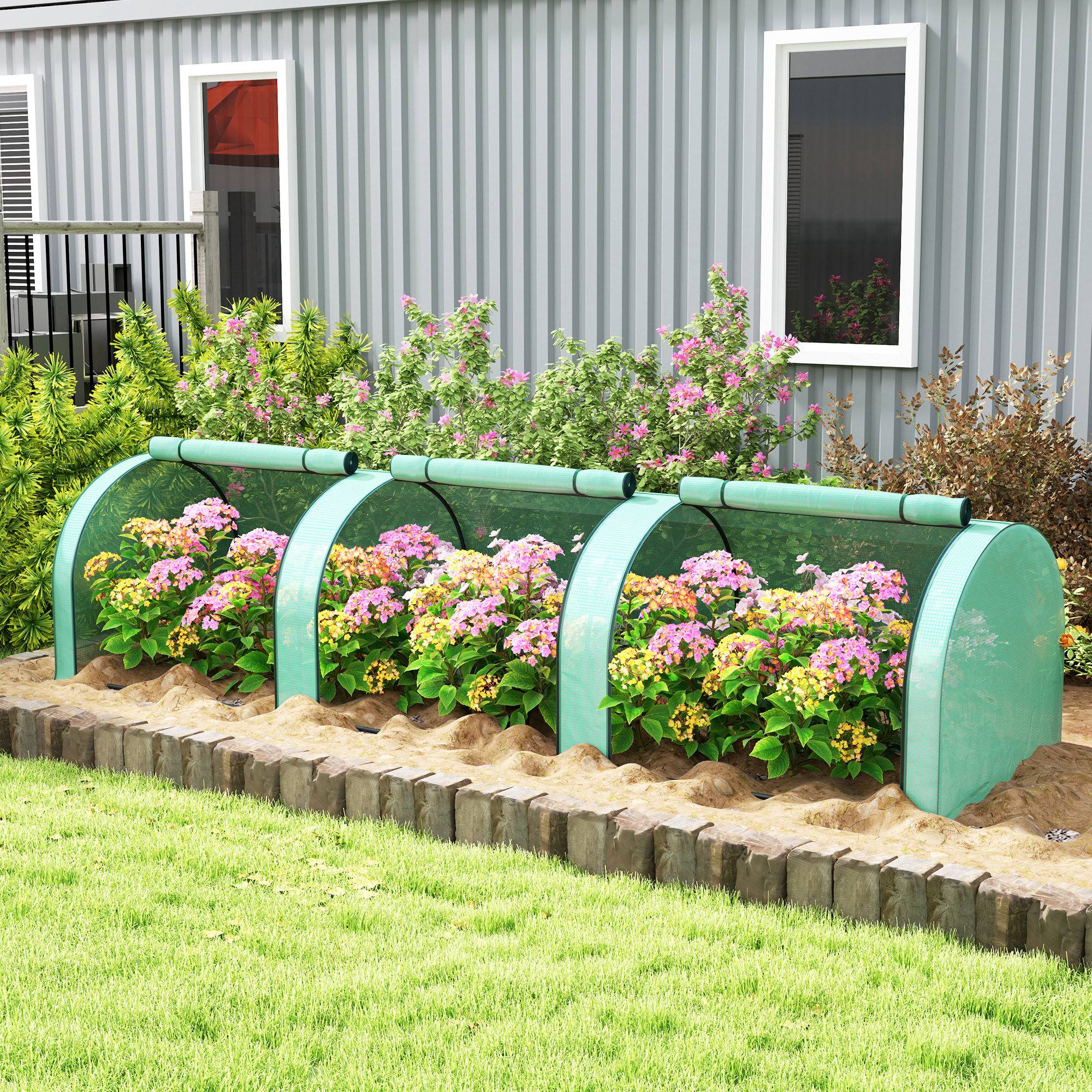 Mini serre tunnel jardin PE plantes tomates 3 portes zippées 350x100x80cm vert - ComfortXL Outdoor Living - Image 3