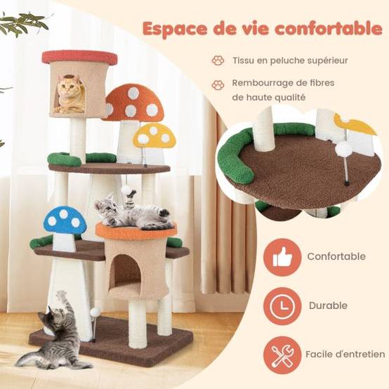 Helloshop26 - Arbre à chat en forme de champignon 2 condos balles interactives poteau griffoir plateforme tour de jeux pour chat multicolore - Imagen 7