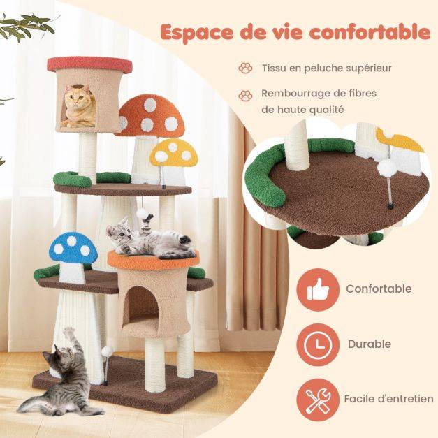 Helloshop26 - Arbre à chat en forme de champignon 2 condos balles interactives poteau griffoir plateforme tour de jeux pour chat multicolore - Imagen 7