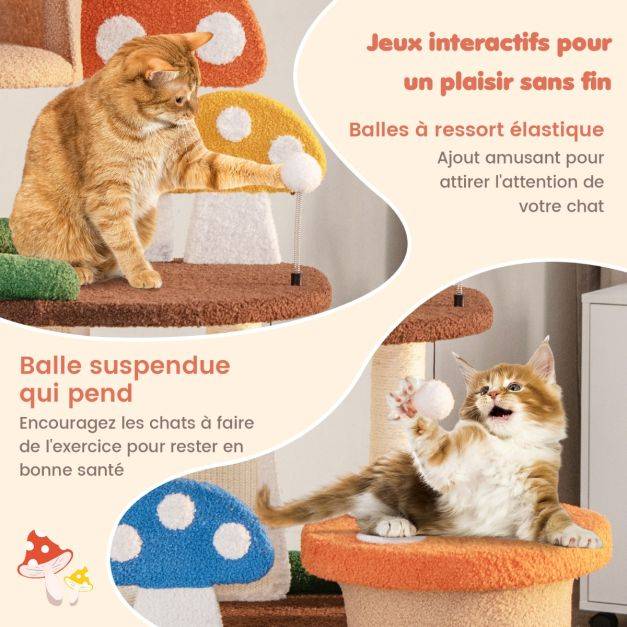 Helloshop26 - Arbre à chat en forme de champignon 2 condos balles interactives poteau griffoir plateforme tour de jeux pour chat multicolore - Imagen 5