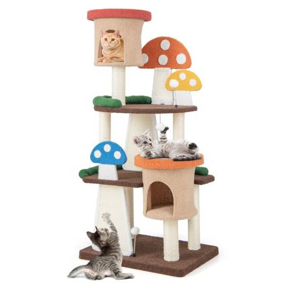 Helloshop26 - Arbre à chat en forme de champignon 2 condos balles interactives poteau griffoir plateforme tour de jeux pour chat multicolore - Imagen 2