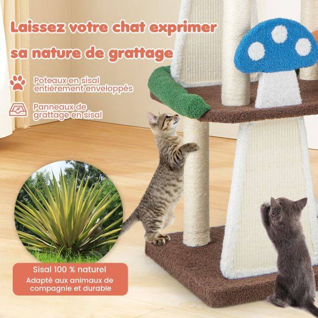 Helloshop26 - Arbre à chat en forme de champignon 2 condos balles interactives poteau griffoir plateforme tour de jeux pour chat multicolore - Imagen 6