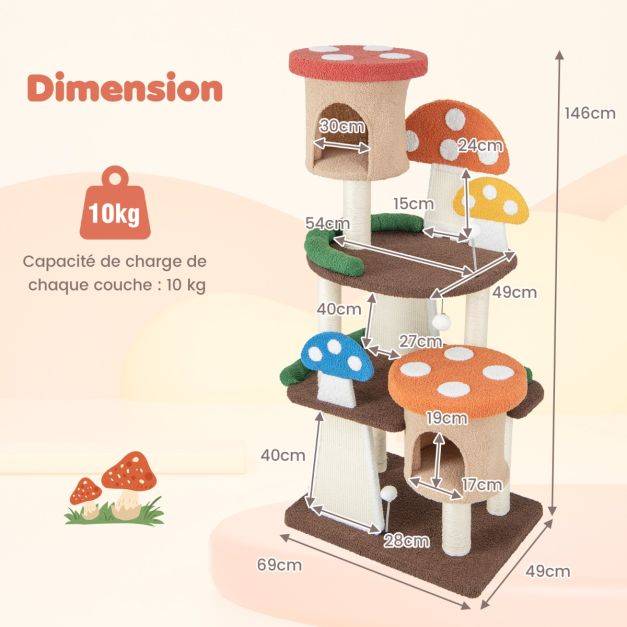 Helloshop26 - Arbre à chat en forme de champignon 2 condos balles interactives poteau griffoir plateforme tour de jeux pour chat multicolore - Imagen 8